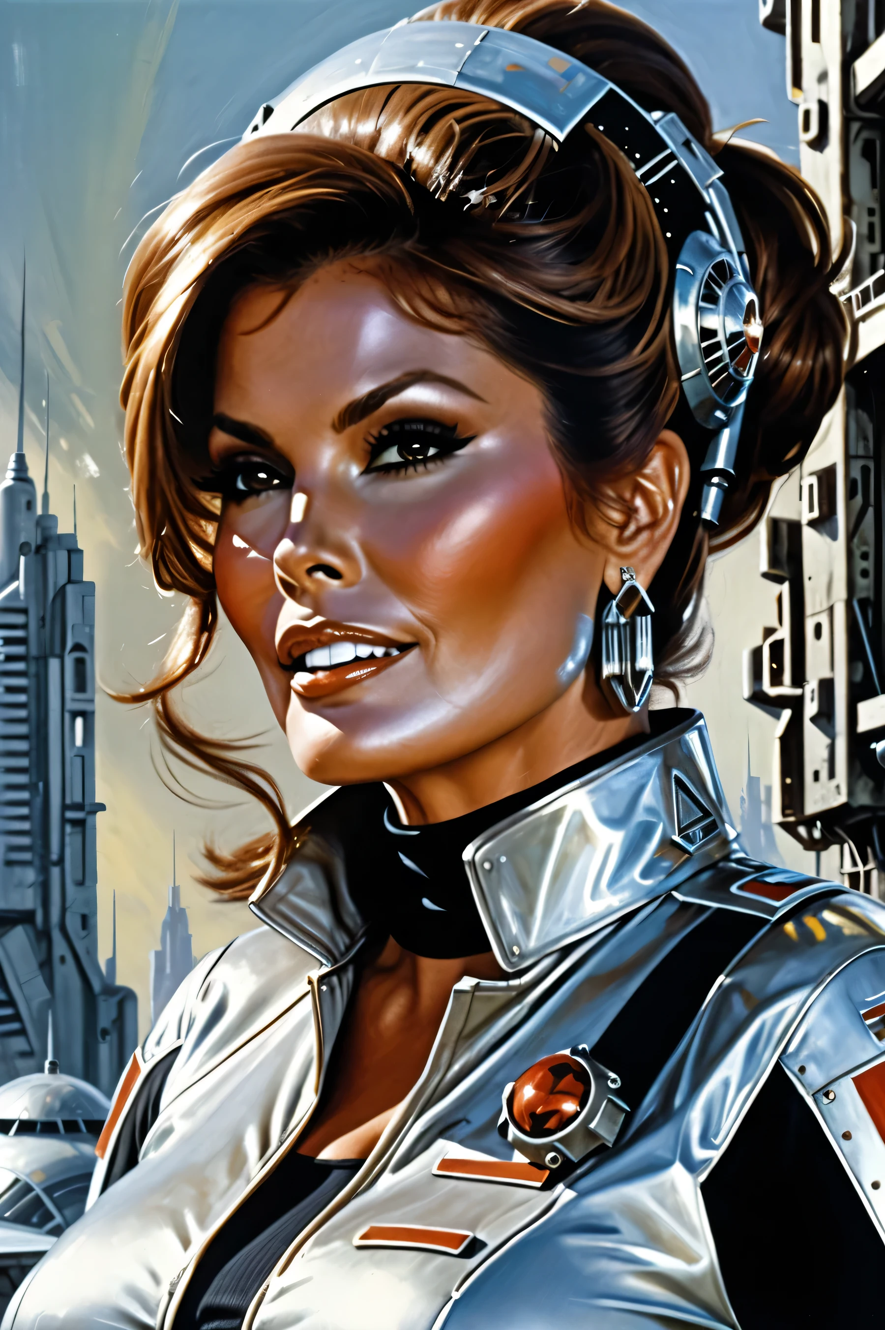 Raquel Welch 1967, upper body portrait, 1girl, Solo, Looking towards viewer, brunette hair in a messy bun hairstyle, titanium Hair Ornament, Parted Lips, expression of wonder, Wearing a form fitting retro-futuristic spaceship uniform, From Side, From Below, Backlighting, urban decay, Impressionism, industrial space age cityscape in the background