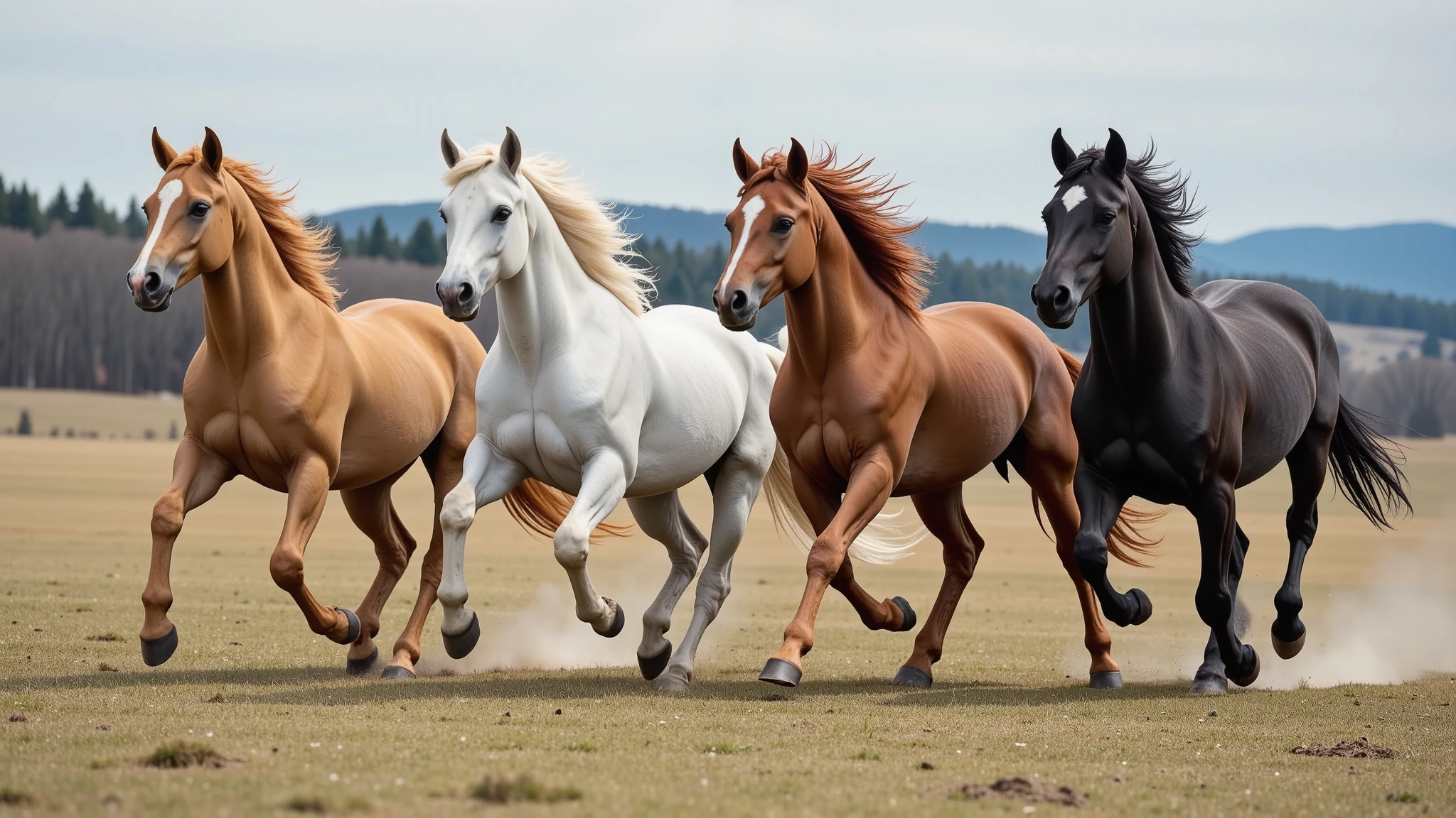 "Four mares, each a different color: honey yellow, bright white, red-brown, and blue-black, are running freely across a field. The scene is depicted in a realistic style, capturing the natural beauty and energy of the mares in motion. The background includes a serene and picturesque landscape, adding to the sense of freedom and vitality of the scene. running fast, galloping fast