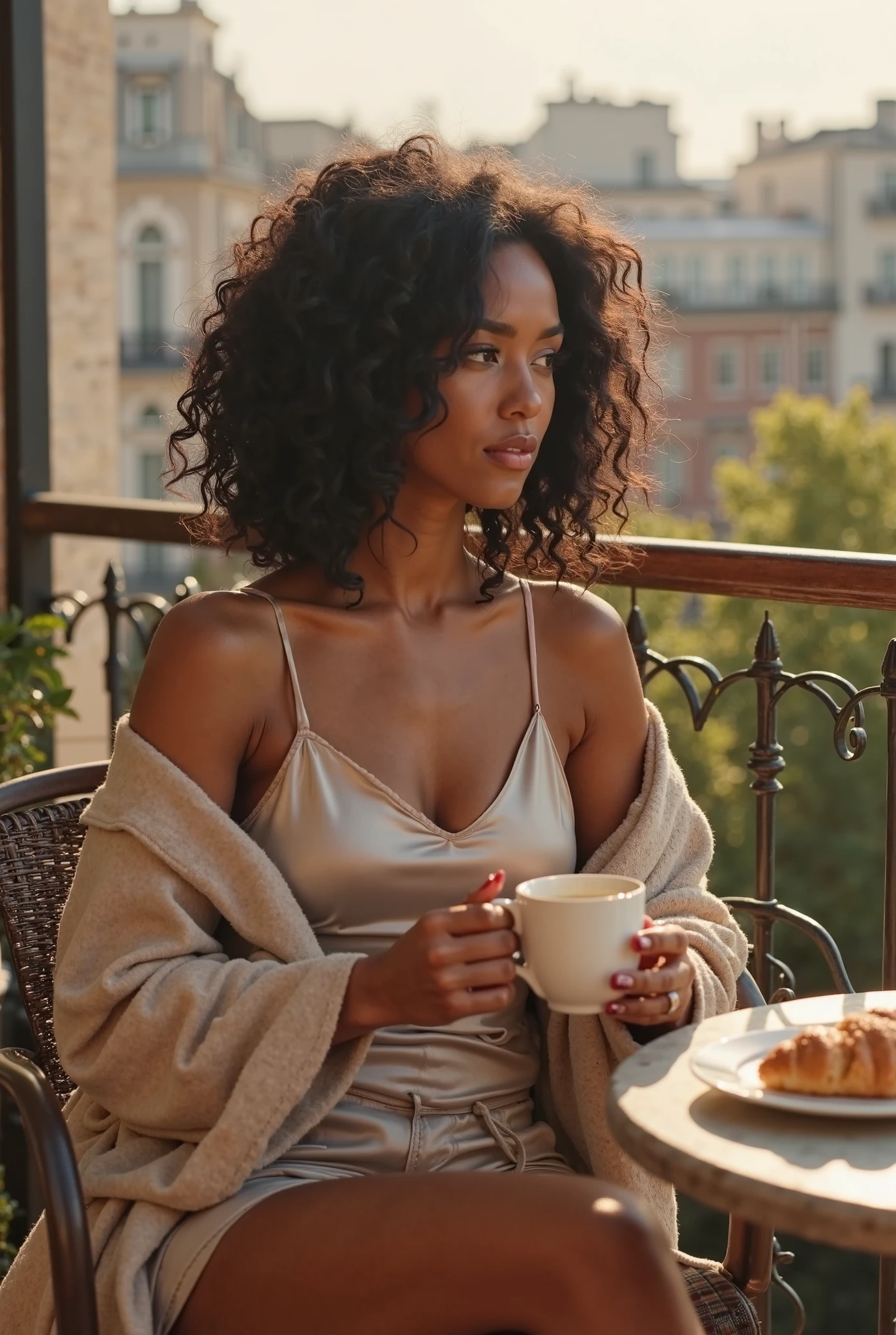 an Ethiopian beautiful woman in a café, drinking coffee