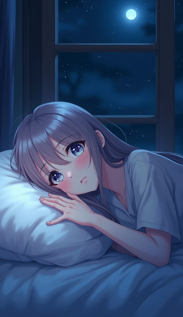 tmasterpiece，best qualtiy，cinematic Film still from，1girll，bedroom，inside in room，Girl lying on dormitory bed，Hold your palm，Go to bed，brunette color hair，Look at the camera，closeup cleavage，brightly，cheerfulness，Illuminated by warm and soft moonlight，the night，Dimly lit scene（spark of light：0.7）