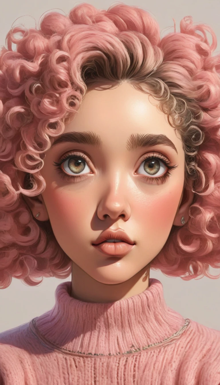 a close up of a woman with curly hair and a strangulation, big, full lips , big eyes longer than normal eyelashes, tilted head , realistic painting of a pretty girl , trend in artstration, extremely pink knitted sweater, ✏️🎨, hyperrealistic aesthetics, read the wlop, realistic art style , very detailed portrait, Precious and detailed face, hyperrealistic art style , hyperrealistic , detailed and beautiful portrait, pink knitted sweater, beautiful face very detailed