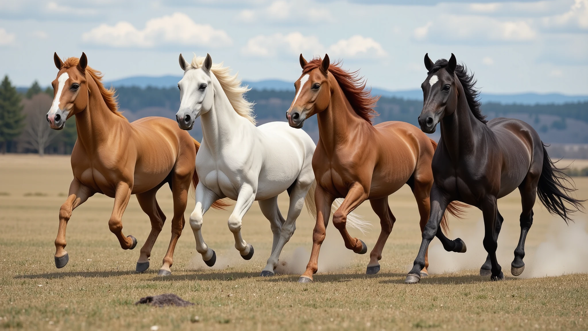 "Four mares, each a different color: honey yellow, bright white, red-brown, and blue-black, are running freely across a field. The scene is depicted in a realistic style, capturing the natural beauty and energy of the mares in motion. The background includes a serene and picturesque landscape, adding to the sense of freedom and vitality of the scene. running fast, galloping fast