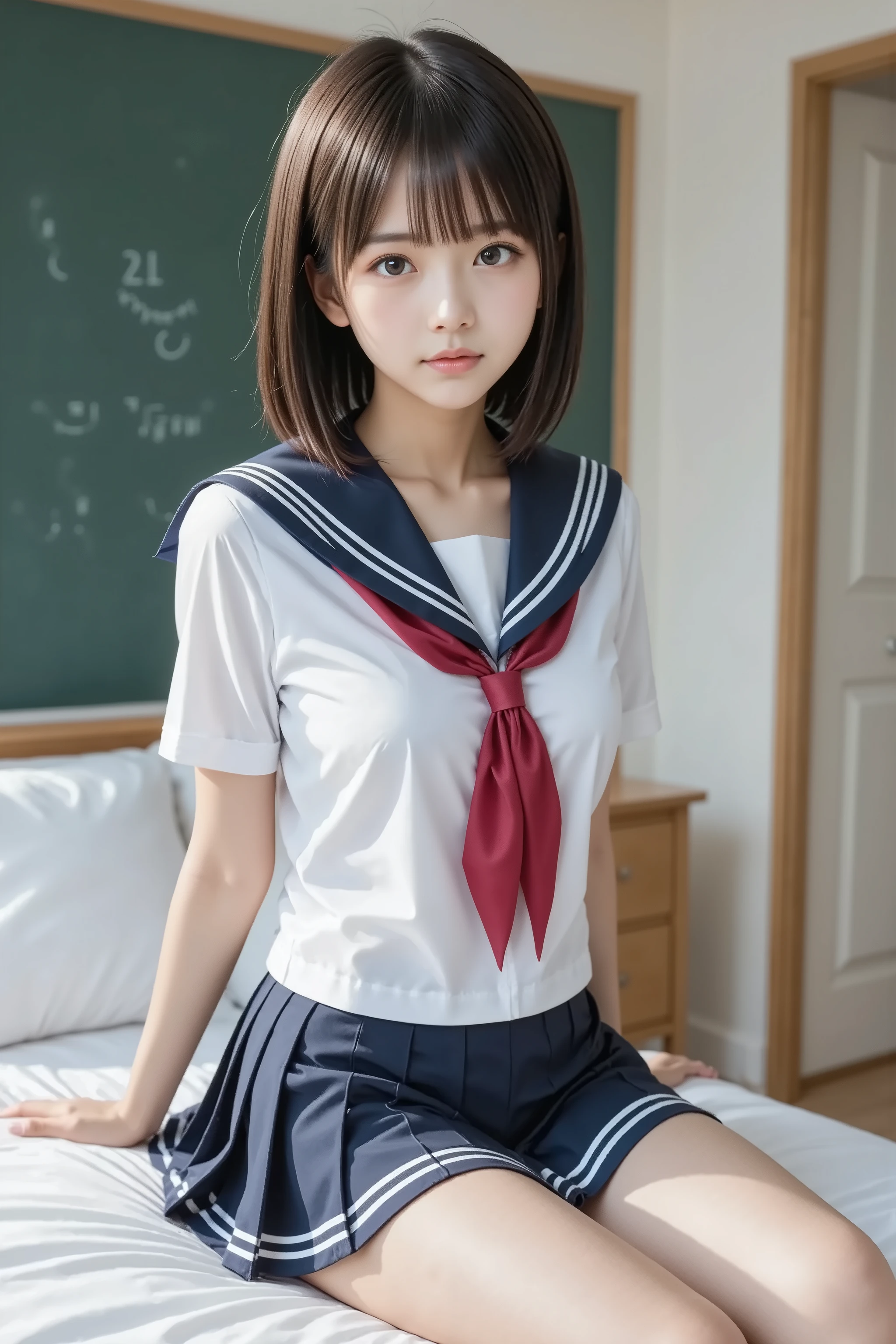 (nsfw:1.4), ( masterpiece, TOP QUALITY:1.2), 1 girl, Alone, very cute, high school girl、, idol style、 beautiful slim figure 、Beautiful model、 smaller breasts、Sailor School Uniform、 the navy blue pleated skirt flips up、 white panties, Beautiful thighs、bedroom、Black hair medium length、 upper body、P-Trait 、 face up、