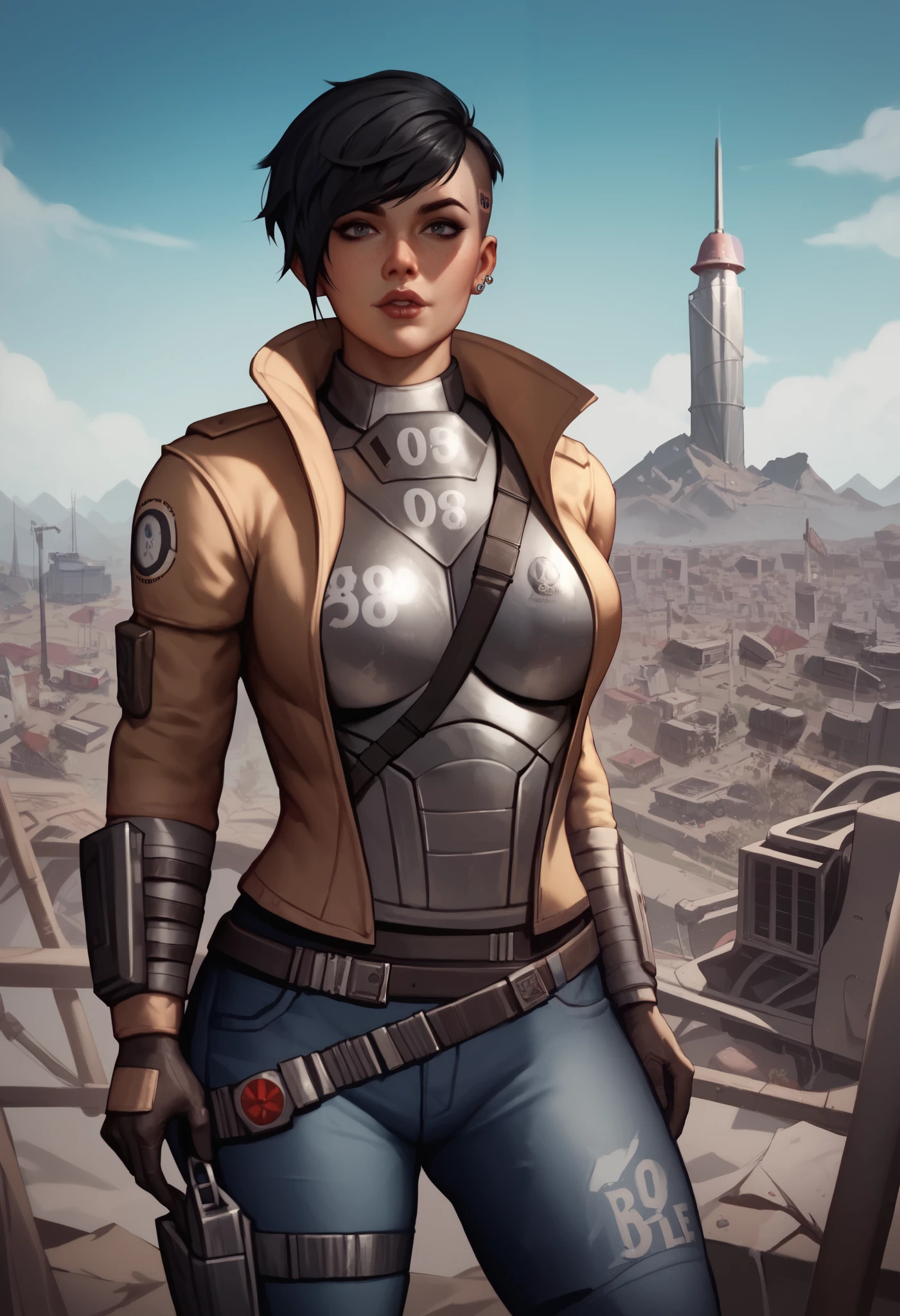 No helmet, pixie-cut jet black hair
