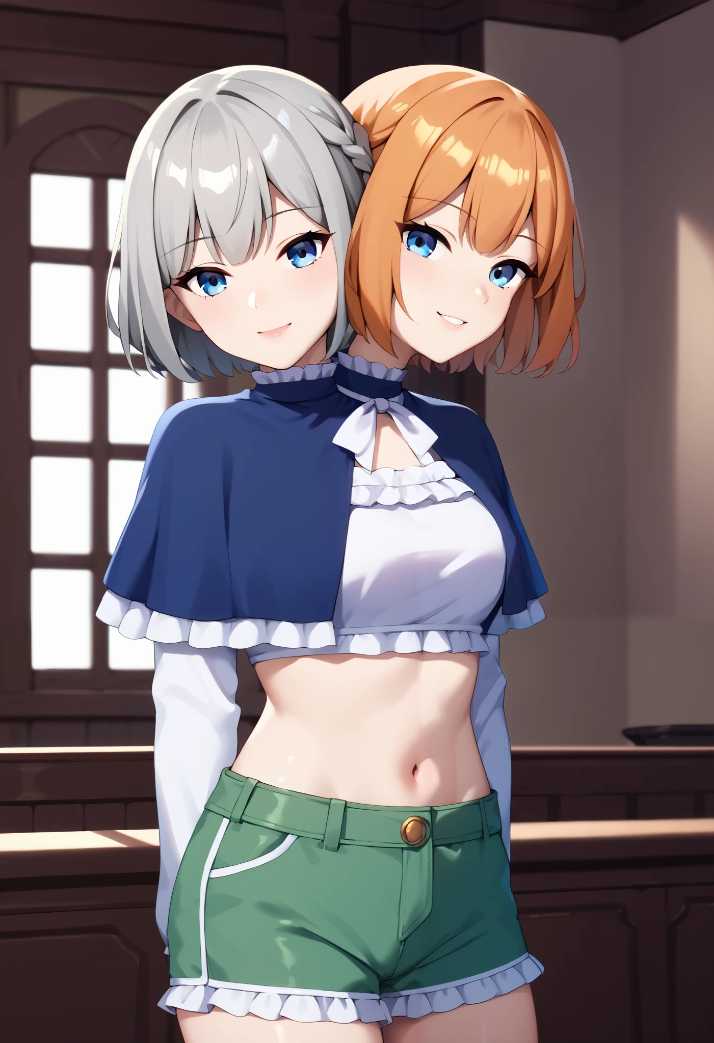 score_9_up, score_8_up, score_7_up,score_6_up, score_5_up, score_4_up, 1girl, solo, twoheads, 2heads, conjoined, ((grey hair)), ((orange hair)), grey hair, blue eyes, lawine, long hair, blue dress, capelet, frills, long sleeves, kanne, short hair, green shorts, midriff, crop top, clothing cutout, white shirt, flirting, cowboy shot, Forrest background