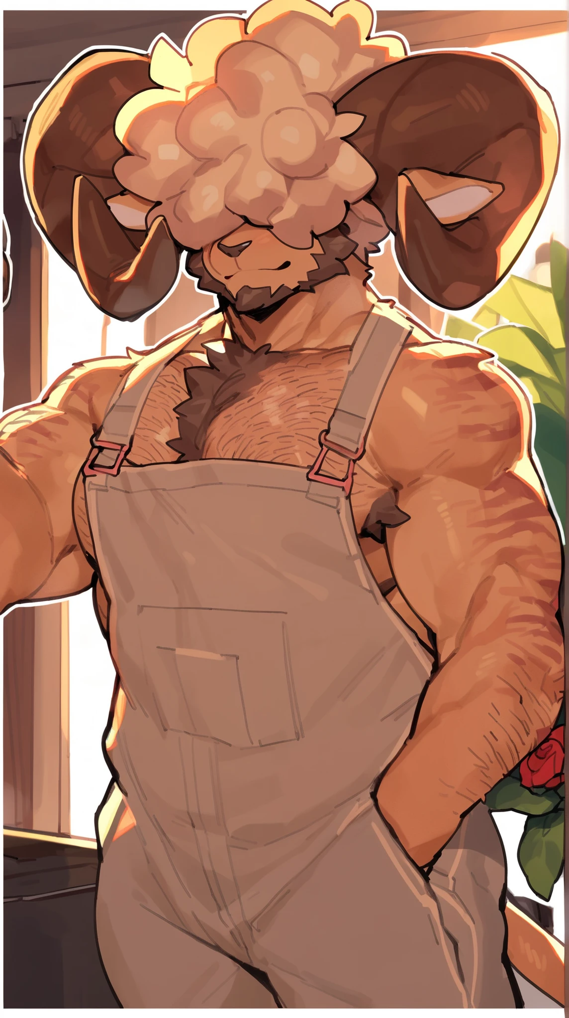 bara ram, full body, perfect anatomy, masterpiece, hunk, huge ram horns, florist, thin beard, dynamic light, blond afro haircut, afro covering the eyes((, the hair is covering the eyes):1.1), hair shoulders, hairy chest, hairy arms, solo, great lighting, by bebebebe, by ZIXiong, by zackary911, by SligarTheTiger, by RED8EAN, white outline, very detailed face, solo, working in a flower shop, detailed face expression, looking at the viewer, florist outfit, oversized dirty denim work overalls, holding flowers
