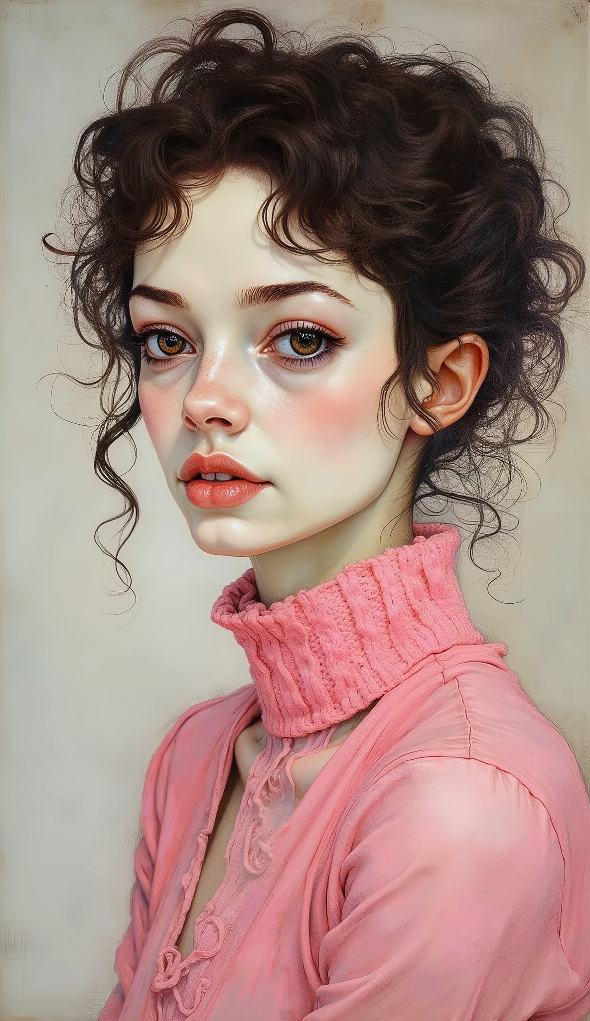 A close up of a brunette woman with curly hair and a strangulation,  big, full lips , big eyes longer than normal eyelashes,  tilted head ,  realistic painting of a pretty girl , trend in artstration, extremely  pink knitted sweater, ✏️🎨, hyperrealistic aesthetics, read the wlop,  realistic art style , very detailed portrait, Precious and detailed face,  hyperrealistic art style , hyperrealistic , detailed and beautiful portrait,  pink knitted sweater, beautiful face very detailed