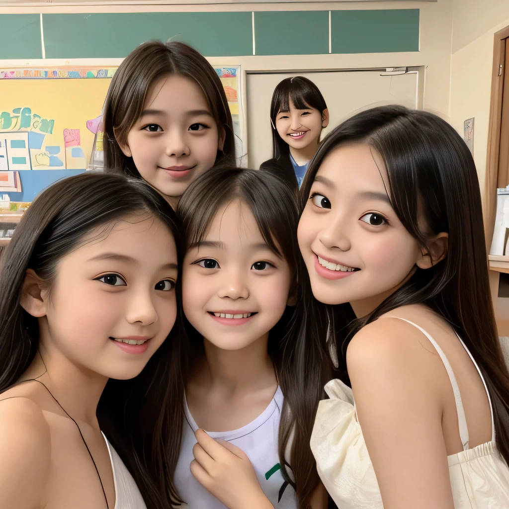 There Are Four Girls Posing For A Picture Together In A Classroom 