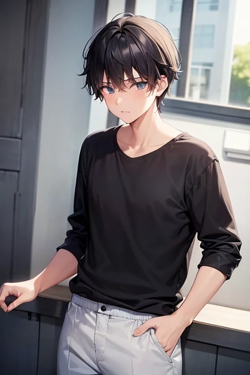 ((A male:1.2)), ((cool boy:1.2)), first-person view, cold light, blue_eyes, (smile:1.2), hair_between_eyes, jeans, (Zaffre eyes color:1.1), (black hair:1.2), (Large neckline T-shirt:1.2), looking_at_viewer, male_focus, short_hair, (countless commercial streets decorated with neon lights:1.2), ((man's body:1.2)), styled with a captivating hairdo, accentuated with bangs and hair between eyes, highlighting his distinctive and stylish black and short hair, This dynamic composition expertly showcases his strong male focus, with an emphasis on his man's body, in a manner that captivates and intrigues viewers