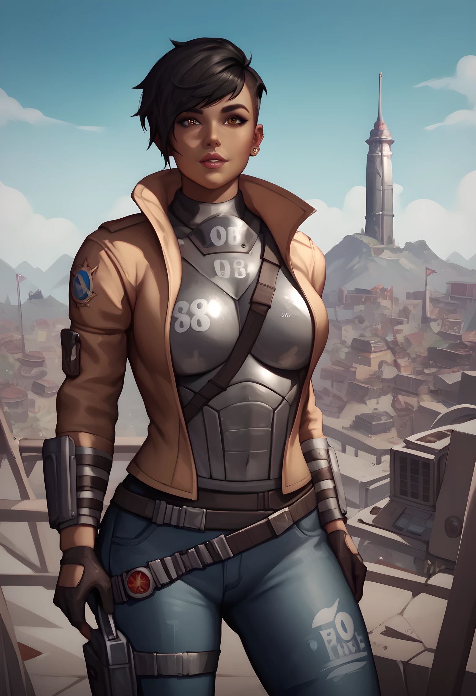 No helmet, pixie-cut jet black hair, latina girl, dark caramel skin, amber eyes with aviator's googles