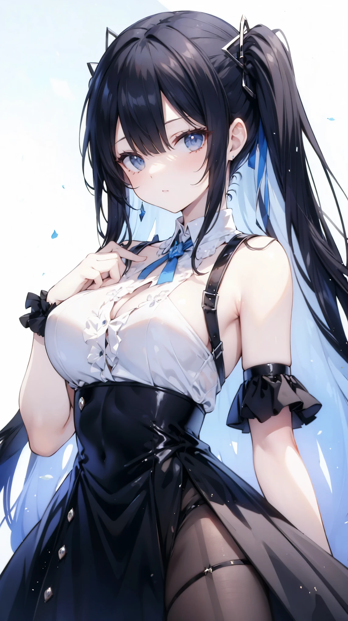 best quality, extremely detailed, ((((anime style 2girl)))),((yuri)),1st girl long hair down to the waist, straight hair, dark black hair with bluish,beautiful detailed eyes, pinched eyes, dark blue eyes,2nd girl wavy long hair,((((blunt bangs)))),(hair between eyes),bright blond hair,beautiful detailed eyes,Orange eyes,Sharp eyes with many eyelashes,huge breasts,cutie white base colorful frill
Bikini,hair ornament,rabbit like hairband,beach side Luxurious room,smile,active pose