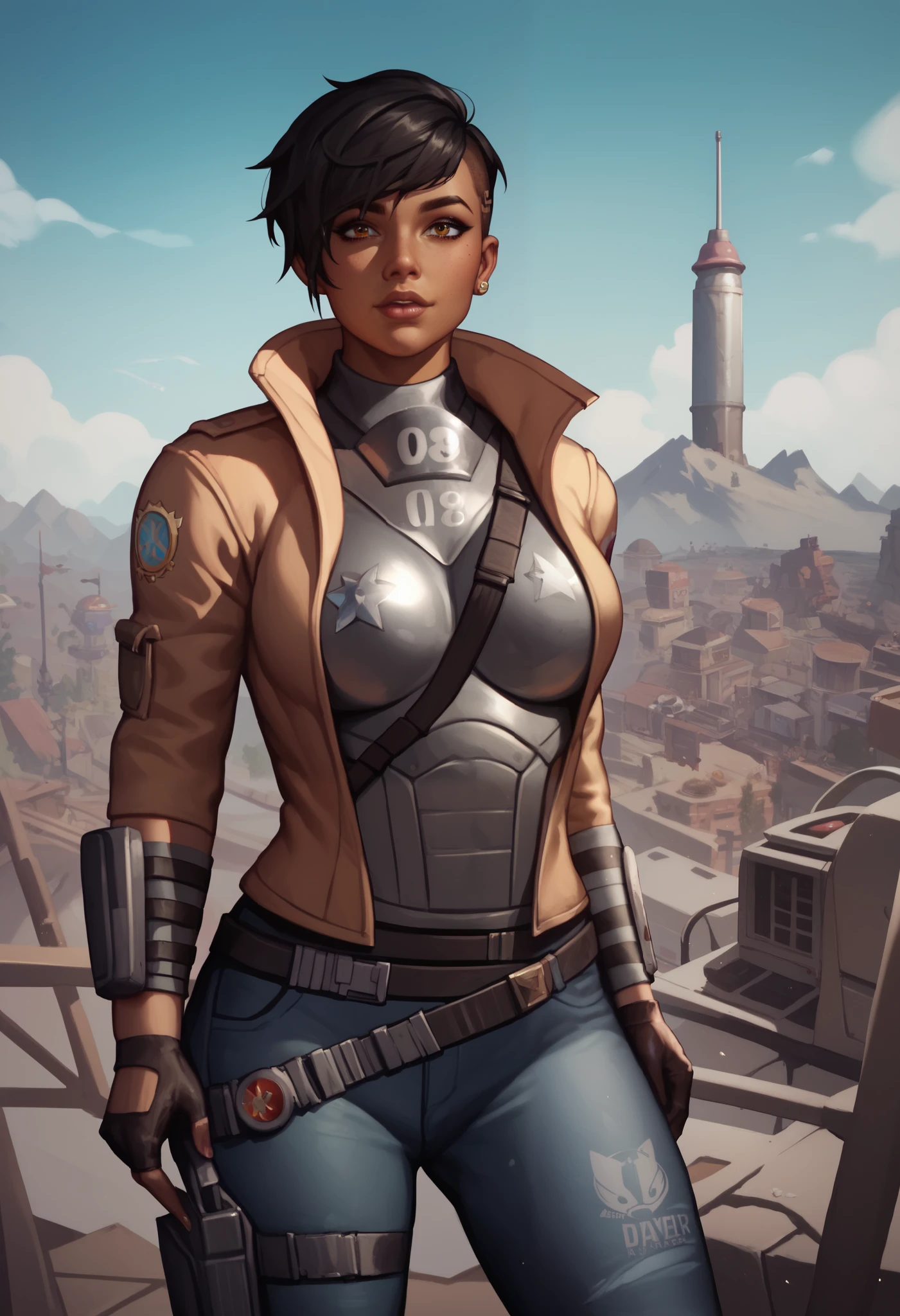 No helmet, pixie-cut jet black hair, latina girl, dark caramel skin, amber eyes with aviator's googles