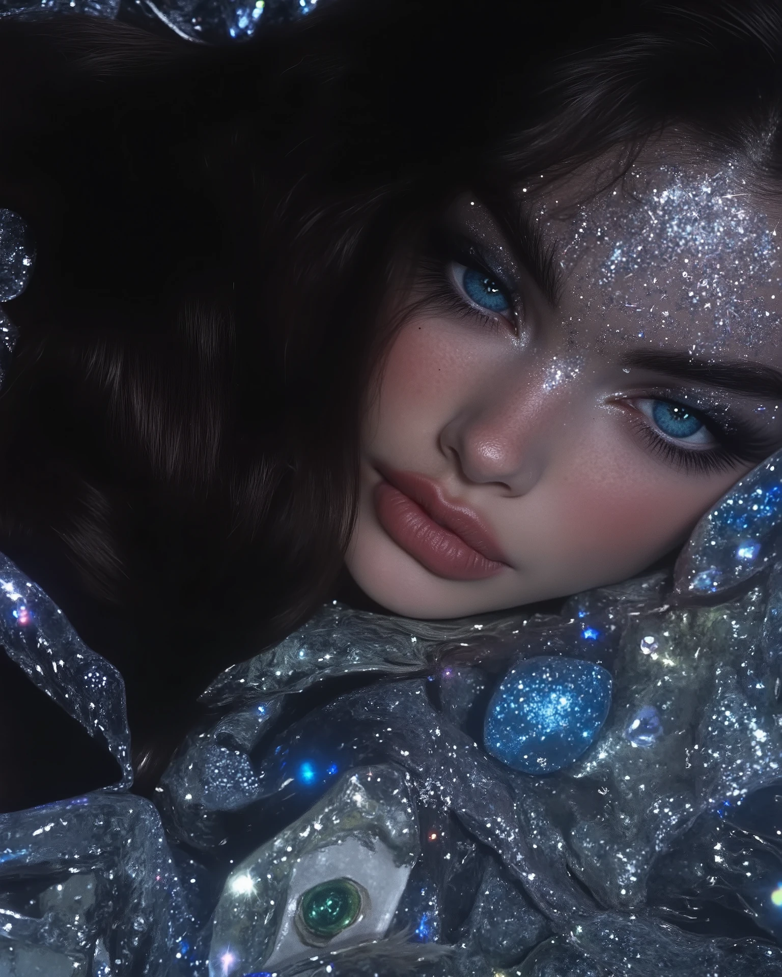 A breathtakingly beautiful woman with long, sleek black hair (absolutely no bangs) and neon-blue glowing eyes, lying seductively on a luxurious bed of cash and sparkling diamonds. Her expression is sensual and provocative, exuding confidence and irresistible allure. Her forehead is fully exposed, with no hair covering it. The diamonds catch the cinematic lighting, creating mesmerizing reflections that enhance the richness and opulence of the scene. Ultra-detailed, hyper-realistic, 4K, high definition. Every detail, from her flawless skin to the intricate folds of the cash and the dazzling brilliance of the diamonds, is captured with stunning clarity