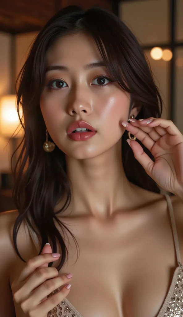 Highest quality,masterpiece,Ultra-high resolution,(Photorealistic:1.4),Beautiful lighting, (Highly detailed CG Unity 8k wallpaper), Beautiful face in every detail,Detailed clothing, 50mm portrait photography, One girl,Big brown eyes, cute, young, Pause, Professional Lighting, Physically Based Rendering,Depth of written boundary , Black Hair, Mole under the eye,Selfie, gem,Married Wife, Take a deep breath, Mini Dress,