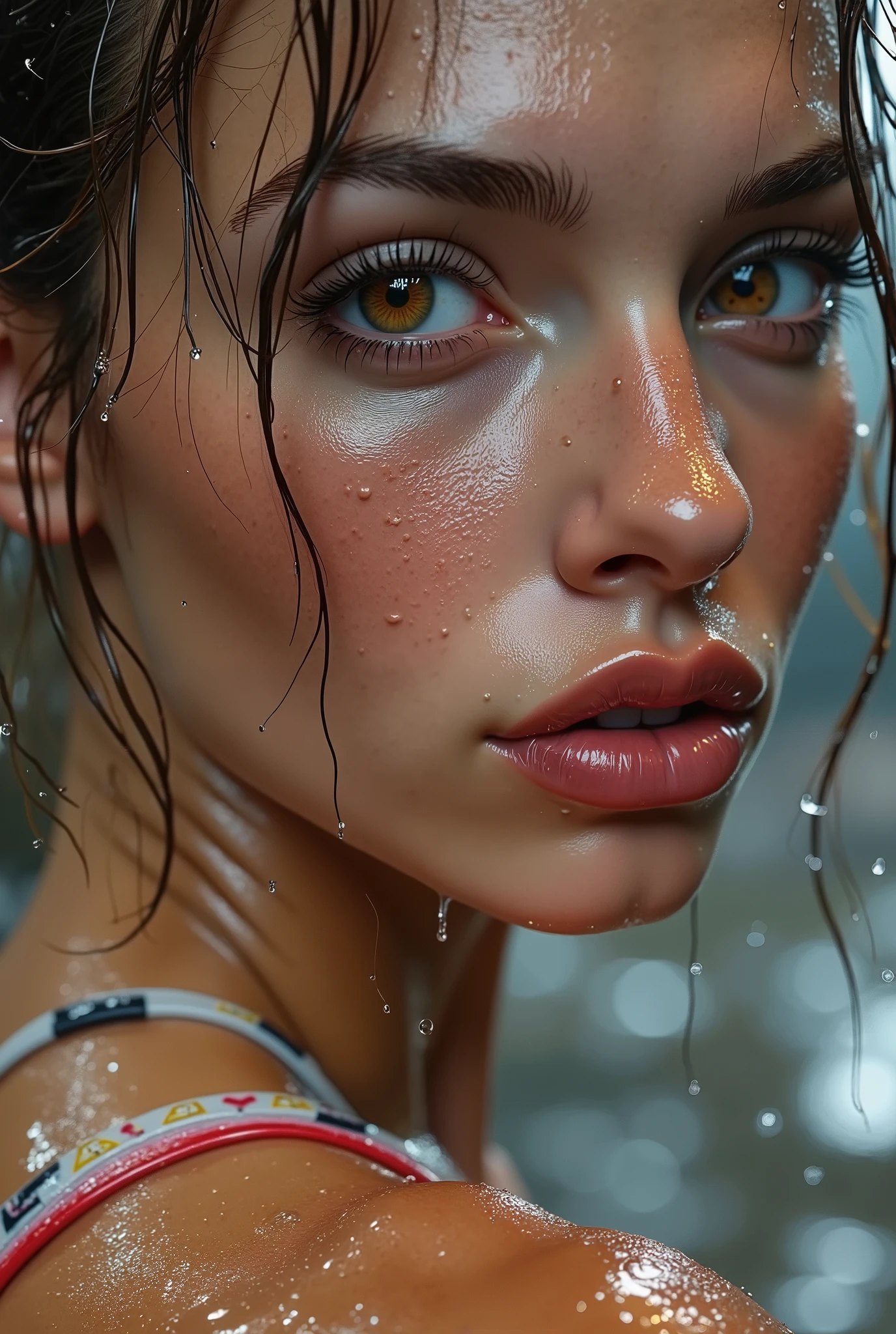  [Style: "masterpiece, realistic, Photorealistic realism, Hyper high resolution" - "(Hyper quality, intricate ultra-detailed digital art)"](Key Directive: "Ultra-sharp human eyes with biological accuracy"){ Character: "20-year-old Caucasian woman" | Face: - "wet, rain drops, running water, pale skin (subsurface scattering: 1.3), full lips (vertical lip wrinkles:0.7)" - "Eyes: (acid-resistant terminology) (macro-details:1.6): Moist corneal surface (visible aqueous layer:1.0) (Hyper-detailed iris, super sharp clarity ((brown)) with Yellow Smiley Face (Emoji)) Precise limbal ring (slightly darker pigmentation:1.5) ((Pupil micro-texture (irregular edge authenticity:1.5)))" | Technical Specs: (Optics: - "Zeiss Otus85mm f/1.4 lens)" - "Shutter Speed:1/500 (freeze eye micro-movements)") (Post-Processing: "Selective sharpening: (eyes200%, hair80%") - "Denoise: luminance 80, color 40 (retain corneal specular)") | [Hair: "blue, hair straightened by rain, very wet, down to the neck (wet heavy rain, soaked, dripping with water, creating light reflections: 0.9)]" | Pose: "dynamic walking stance, hips slightly tilted'' Outfit: [Top: "hot micro bikini (holographic, extremely detailed)"] [Bottom: "short denim shorts ((tight, smooth))"] Environment: "dark rain clouds in the sky, dripping heavy rain (in the evening)" - "((park alley in rainy weather (She is all wet, everything is wet and slippery from the pouring rain, water is running down her body and her hair is very wet:1.4)))" | Lighting: - "(Cinematic clarity and glowing street lights)" - "(Rim light from streetl ights:0.9)" "Specifications: (DPF: "deep, f/1.8, distinct garden in the background") (Post-production: "chromatic aberration: 0.8") (Rendering engine: "Unreal Engine 5 path tracing, 16K texture maps") }