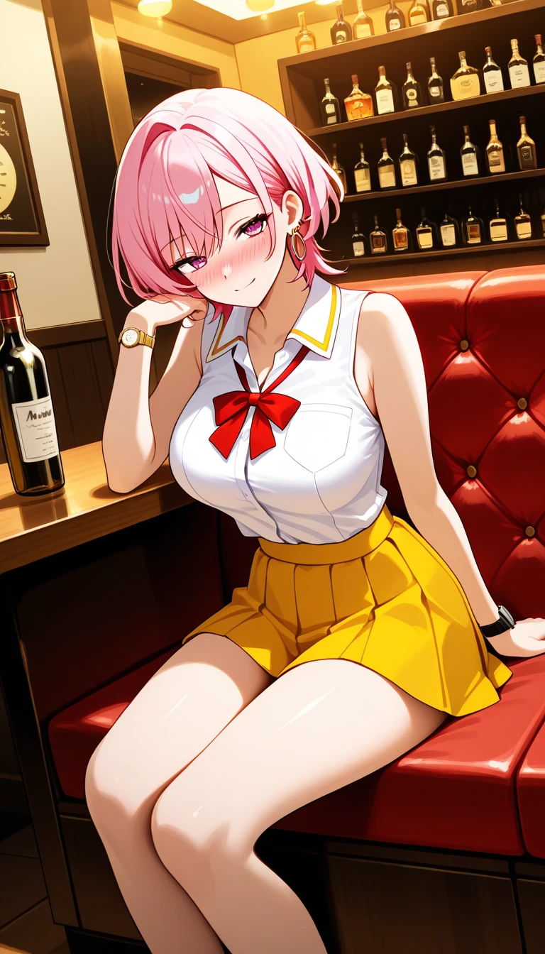 a woman, pink hair ,pink eyes, bright Eyes, mini skirt, LOW LOW SHORT TOP, skinny, sexy, short hair, Italy, EATING SITTING IN A RESTAURANT SMILING