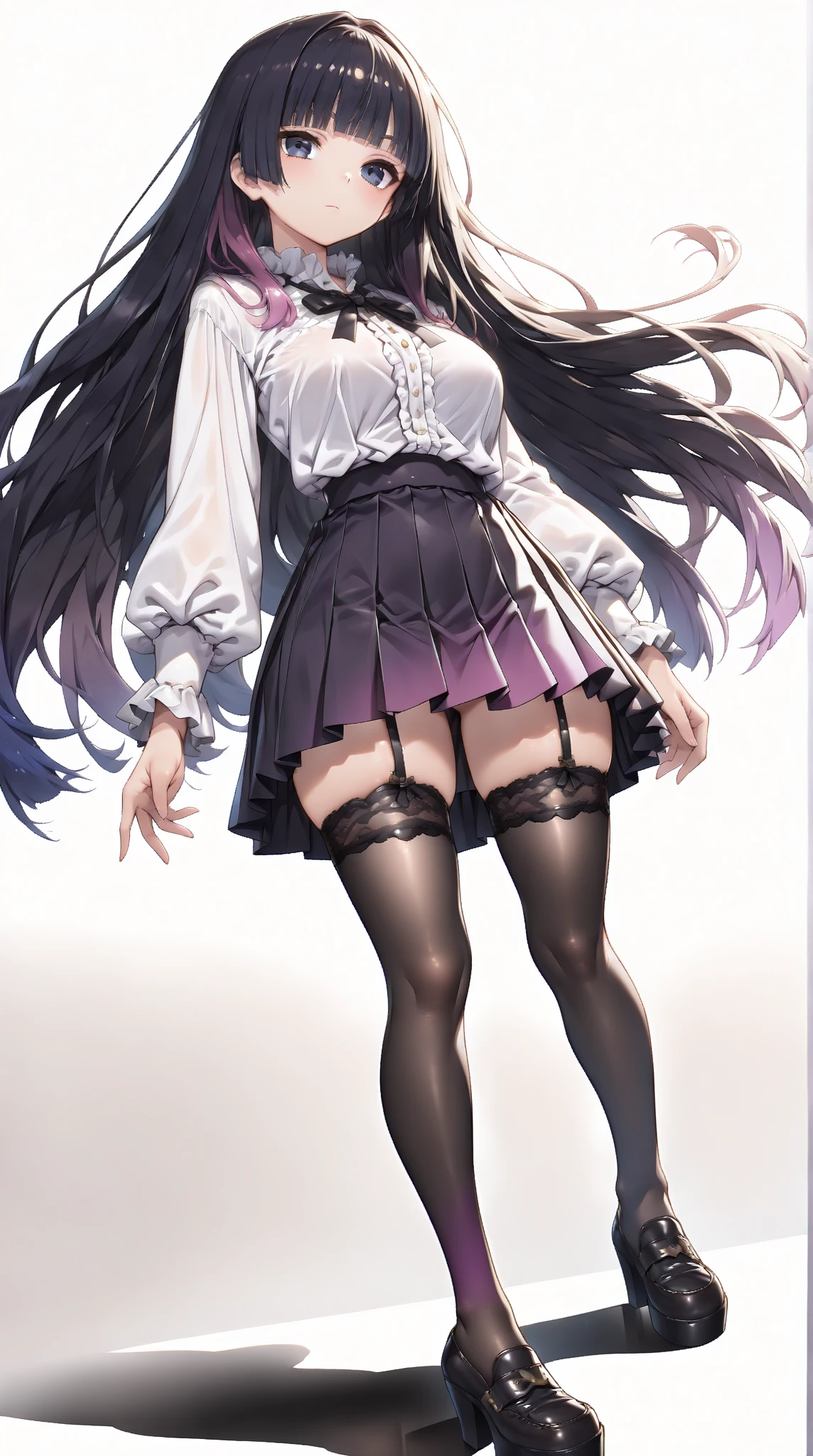 (Highest quality,4K,8k,High resolution,masterpiece:1.5),Highest quality,masterpiece,Detailed face,Masterpiece,Best Quality,(Super Detail),perfect writing, Highly detailed CG,Super detailed,(Highly detailed eyes,Very cute face,Highly detailed face:1.4),Beautiful Anime Girl,(Solo Girl),(Super huge boobs:1.4),(super huge breasts:1.4),(Sensual,Glamorous:1.4),(pink,very Long Hair,wave),(Big light purple eyes),Collared shirt,short sleeve shirt,Pleated skirt,lying on the bed,on back,school tight,pink pillow , pleated skirt, zettai ryouiki,high resolution,heart shaped pupils, plaid skirt, black stocking,claw pose,lie on bed,liying , full body , toe,full body seen,full-face blush,sexual climax,Young features,(Loli:1.4),Elementary school girls,Close one eye, With tears in her eyes and her mouth open,open mouth,