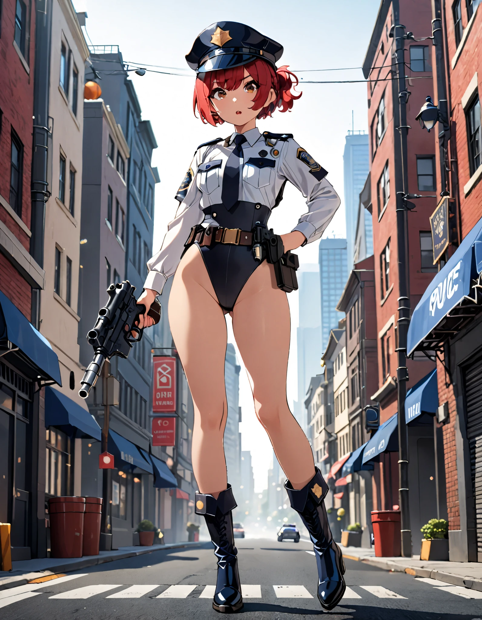 ((Best quality, 8k, Masterpiece :1.3)), 1girl, Pretty woman, cute face, (ponytail, short hair, braid, bangs, red hair, breasts), Ultra-detailed face, brown eyes, Detailed eyes, Double eyelid (full body shot,cowboy shot), perfect hands, complete fingers, perfect anatomy, perfect proportions, ((hat, black police hat)), ((leotard, police badge, matching leotard, bare legs)), ((boots, matching boots)), ((police uniform)), ((belt, tight belt)), (armbands, white sleeves, long sleeves), (holding a gun, pistol, dl44blstr, gun barrel shoots red beam), running towards viewer, serious expression:1.2, open mouth, full body costume design. solo,solo focus, city street backdrop, small starship on the background, depth of field, daytime