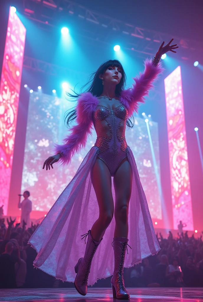 1 malay-Indonesian girl, modern plain hot deep neck top and dupatta, shy, medium portrait, watery eyes, wearing blue dark green kebaya, ((big breasts)), Wearing silver DJ headphones, Shiny silver sequined T-shirt, (Iconic hip-hop pop costumes:1.3), Smile while DJing on stage, full body shot of, The spotlight shines on the female DJ. Photorealistic photography by Disco Lighting, (cute round face:1.3), perfect fingers, five fingers, beautiful hands, perfect hands. master peace, cute smile, well-proportioned body,, chubby massive thighs, full body pose, Hena art on the body, hena art on arms, full body view , wearing red sneakers ,