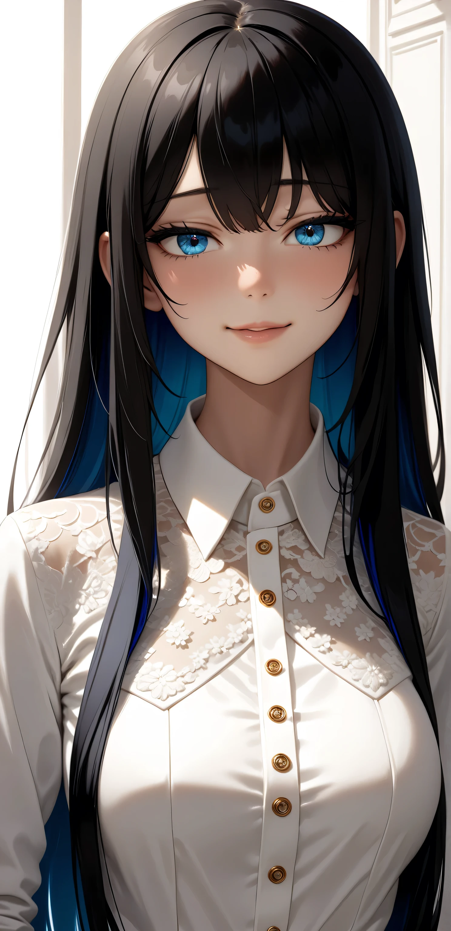 upper body, Random Sexy pose , ((Ultra detailing)), (very aesthetic, best quality, ultra detailed), intricate details, 1girl, ((long hair, Black hair, blue inner hair)), ((Multi colour eyes)), ((Detailed eyes)), ((Beautifull eyes)), ((prefect eyes)), ((Ultra detailing eyes)) ,medium breast, sharp jawline, long hair, shy, Licking her lips, cute smile ,(white collared shirt :1.3)), ((wedding room))