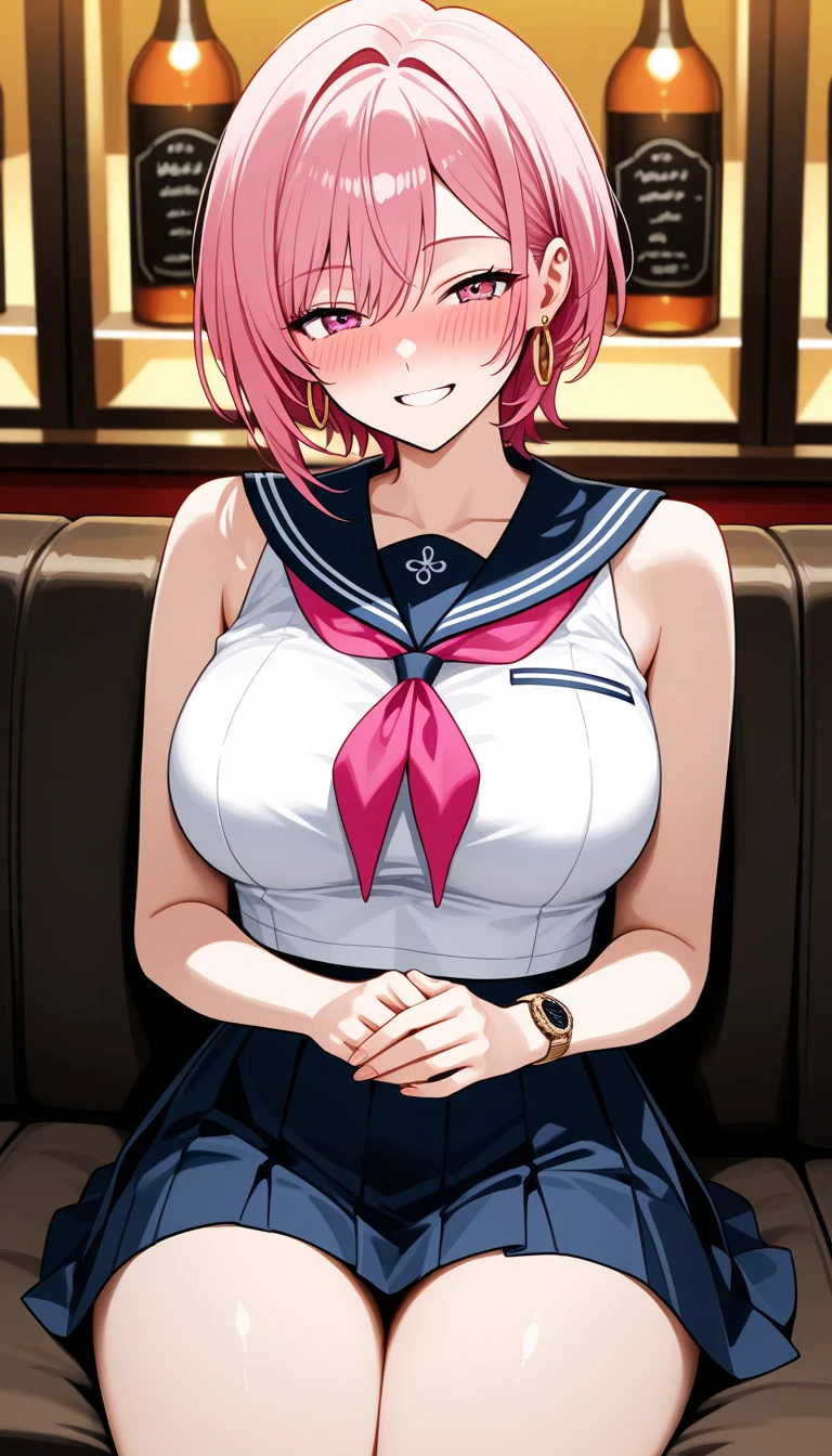 ((best quality)),((highly detailed)),masterpiece,absurdres,detailed face,beautiful face,(detailed eyes, deep eyes),1girl,((dynamic pose)) , <lora:MafuyuV1:0.7>,Mafuyu,chinese dress, red hair, solo, hair bun, breasts, blue eyes, cleavage, chair, looking at viewer, sitting, braid, window, open mouth, sleeveless dress, sleeveless, bangs, indoors, short hair, medium breasts, large breasts, hand up, v-shaped eyebrows, cowboy shot, blunt bangs, thighs, sidelocks, bare arms, bare shoulders, parted lips, :o