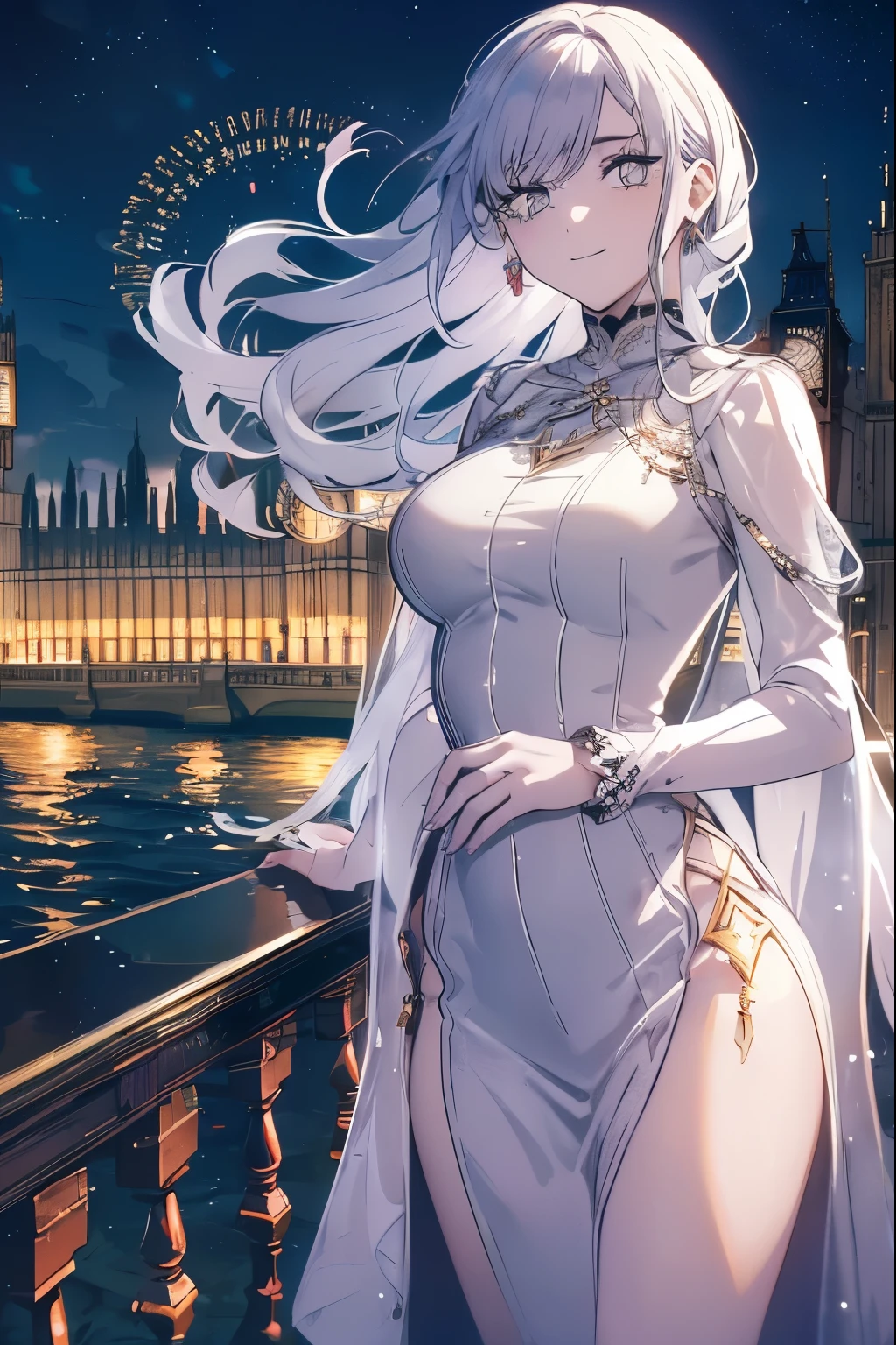 a smiling woman, looking at viewer, ((London:1.3)), magnificent, (landmark, sightseeing, outdoor:1.3), (8k, RAW photo, best quality, masterpiece:1.2), illustration, an extremely delicate and beautiful, perfect female body, (extremely detailed, 8k, Amazing, finely detailed), beautiful detailed eyes, best quality, ultra high res, ((extremely detailed face)), extremely detailed body, wearing gorgeous dress