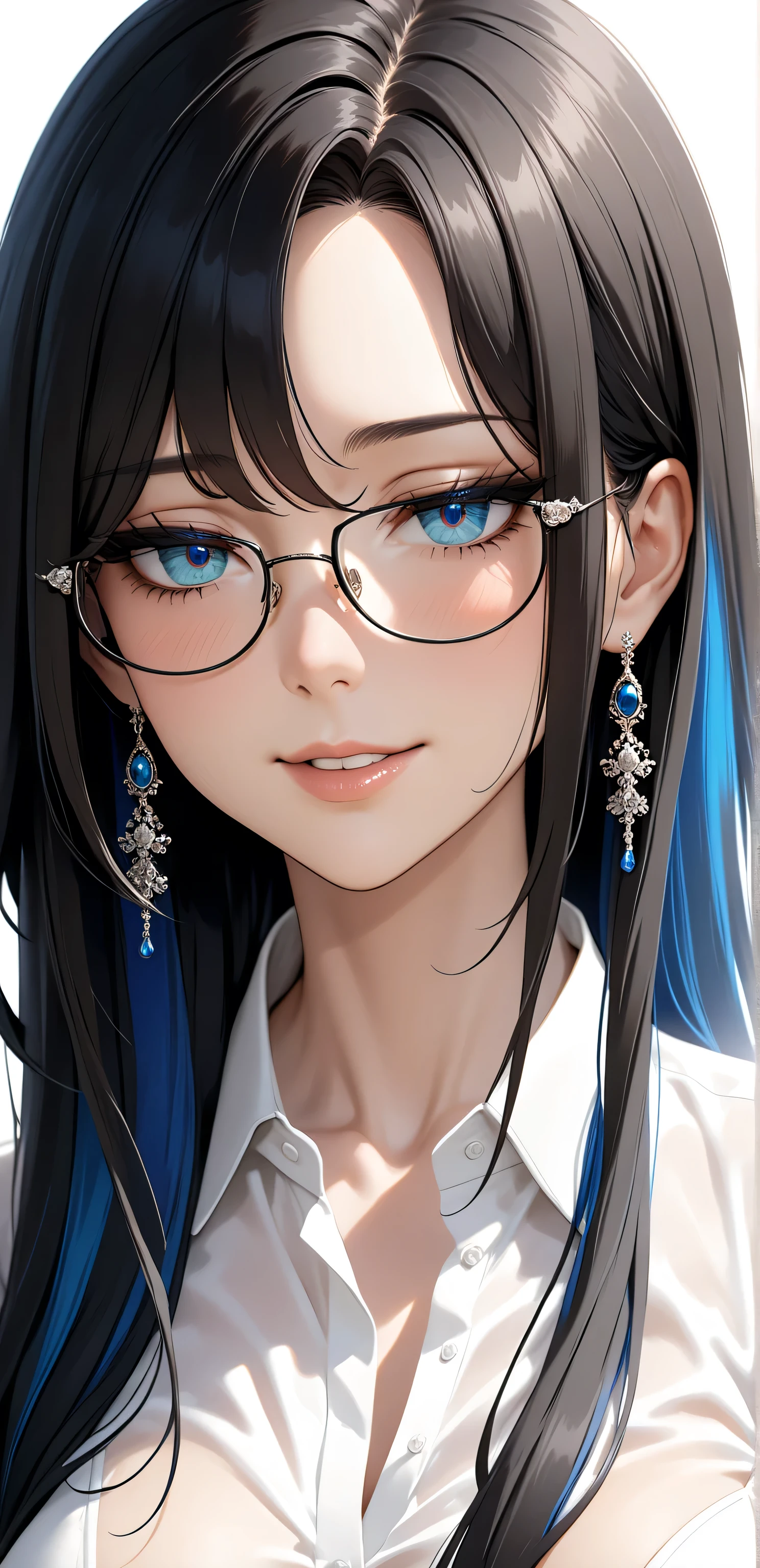 Random Sexy pose , ((Ultra detailing)), ((elegant mature women)), ((very aesthetic, best quality, ultra detailed)), intricate details, 1girl, ((long hair, Black hair, blue inner hair)), ((Multi colour eyes)), ((Detailed eyes)), ((Beautifull eyes)), ((prefect eyes)), ((Ultra detailing eyes)) ,medium breast, sharp jawline, long hair, shy, Licking her lips, cute smile ,(white collared shirt :1.3, sexy glasses)),