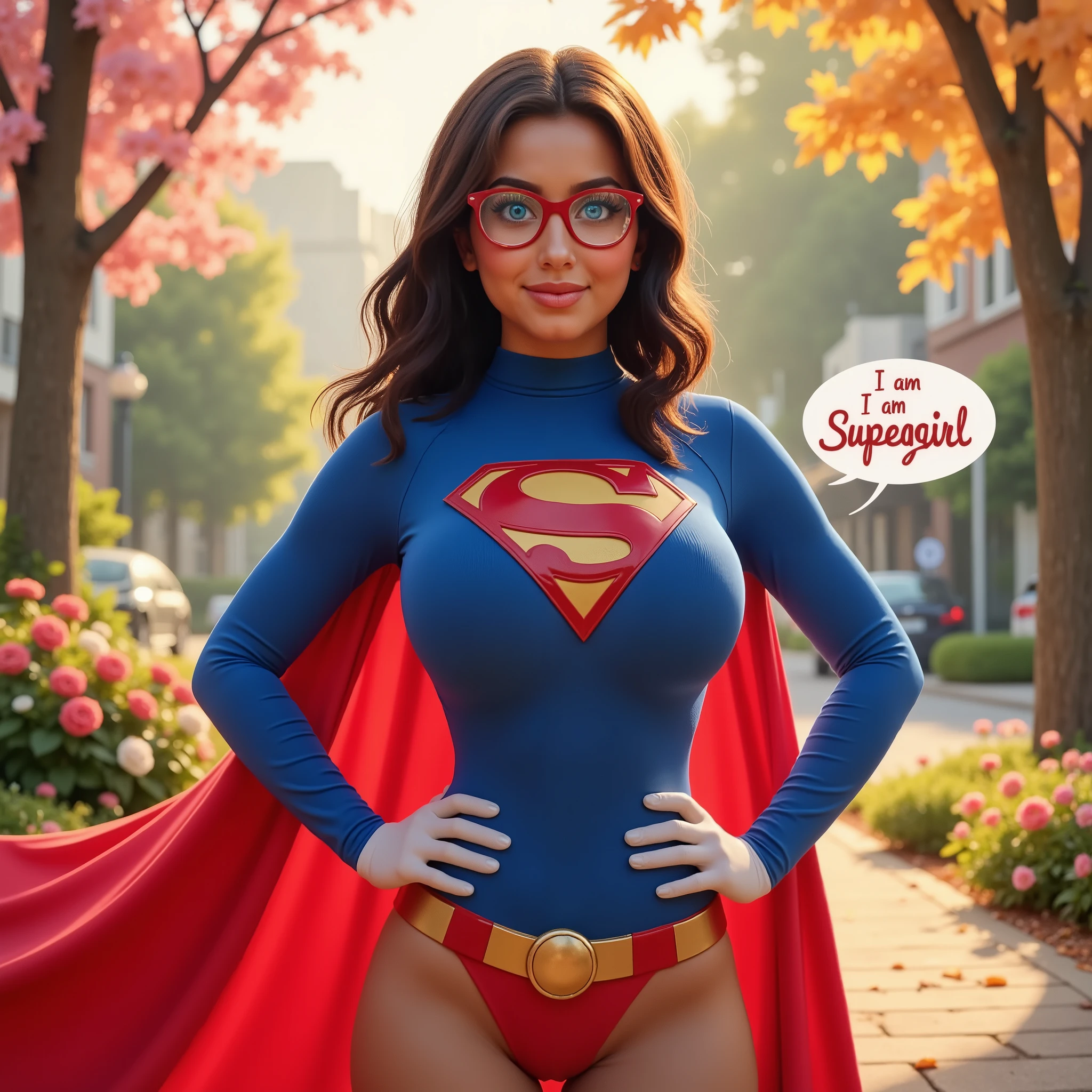 Depict a 17-year-old Latina girl with dark chocolate skin, radiating joy and confidence as she embodies SUPERGIRL. She stands gracefully, hands on her hips, in a classic SUPERGirl pose. She wears a pristine BLUE long-sleeved turtleneck leotard, modified with a large central "S" EBMLEM. The leotard should hug her figure, emphasizing her youthful curves. Complete the look with WHITE SUOERGIRL Girl gloves, RED flared boots, a flowing red cape attached at the shoulders, and a red waist belt featuring a gold circular buckle. Bright red glasses frame her face, but they don't overshadow the captivating sparkle of her bright, sexy blue eyes. Her eyes should reflect the vibrant colors of her costume, adding to her overall radiance. Strive for a balance of sexy and cute in her portrayal, capturing both her youthful energy and the inherent power of the character. Pay close attention to intricate details and textures, particularly in the fabric of her costume and the subtle nuances of her facial features. The final image should be in 4k high resolution, ensuring clarity and detail. Include a text bubble near her with the phrase "I AM SUPERGIRL." The overall impression should be one of a strong, confident, and vibrant young Latina woman embracing the iconic Power Girl persona. PEACEFULL MORNING BACKGROUND.