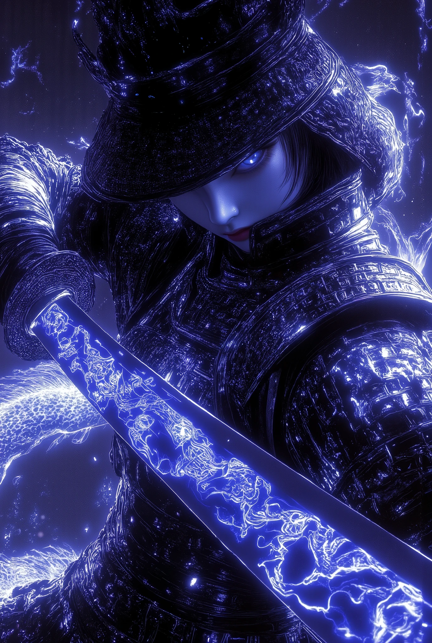 1girl ,megalodon art as a background ,Final Fantasy-like worldview, Tetsuya Nomura-like illustrations, HD , colorful art , 3D spray painting ,anime style fantasy illustration. Cyberpunk German military uniform. Female cyberpunk style sodian.cross in the eyes,An enchanting pale yellow aura glows around her. Magic sword glowing pale blue. Dragon rune emblem. Adorable Japanese assassin. Full cut hair. Dynamic sword swing. Acrobatic pose. Highly dynamic angle shot. Dynamic action blur. Depth of field. Powerful and piercing gaze. Light and shadow effect. Lens flare glow. 4K, Full HD resolution,