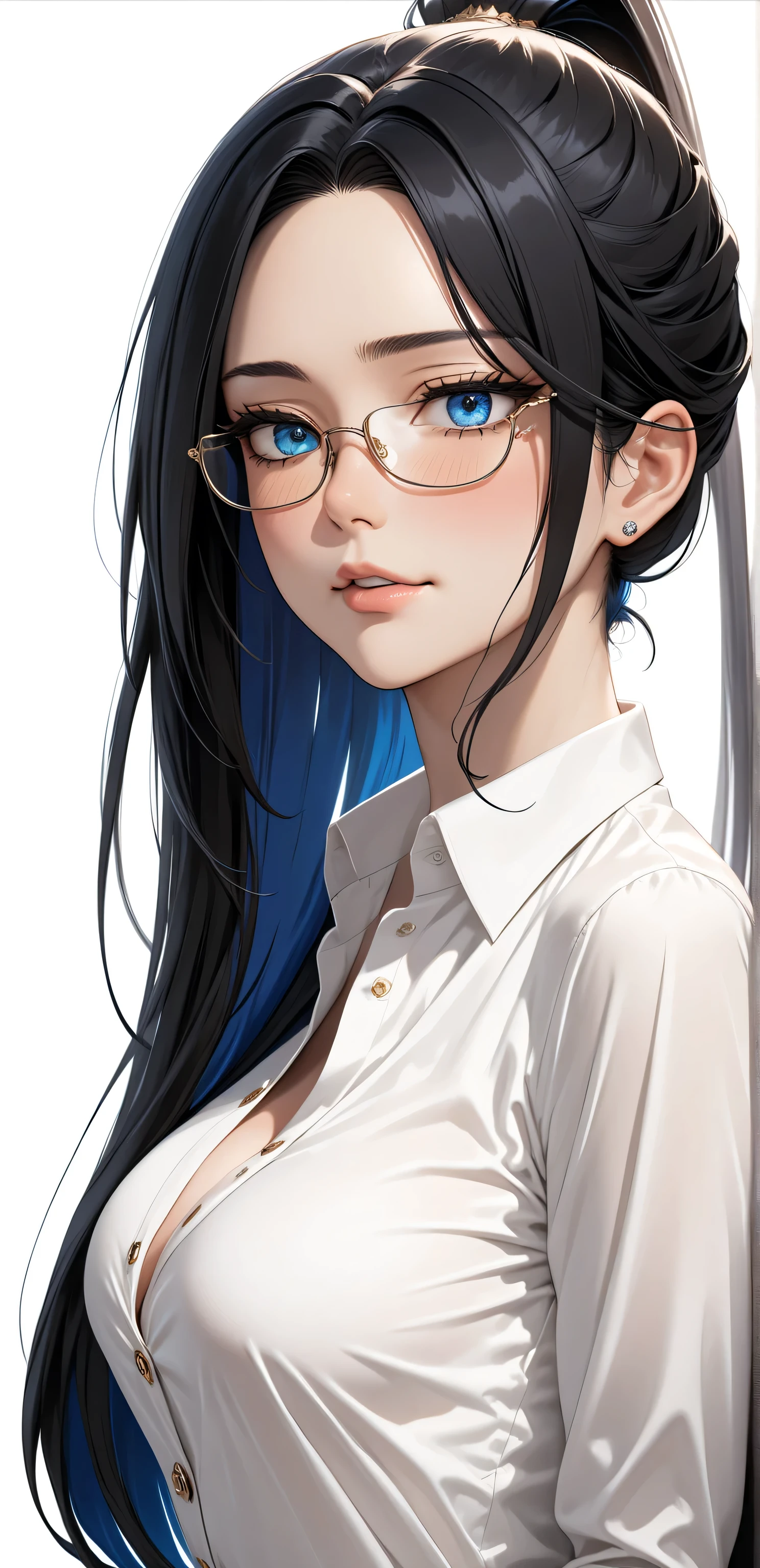 Random Sexy pose , ((Ultra detailing)), ((elegant mature women)), ((very aesthetic, best quality, ultra detailed)), intricate details, 1girl, ((long hair, Black hair, high ponytail, blue inner hair)), ((Multi colour eyes)), ((Detailed eyes)), ((Beautifull eyes)), ((prefect eyes)), ((Ultra detailing eyes)) ,medium breast, sharp jawline, long hair, shy, Licking her lips, cute smile ,(white collared shirt :1.3, sexy glasses)),