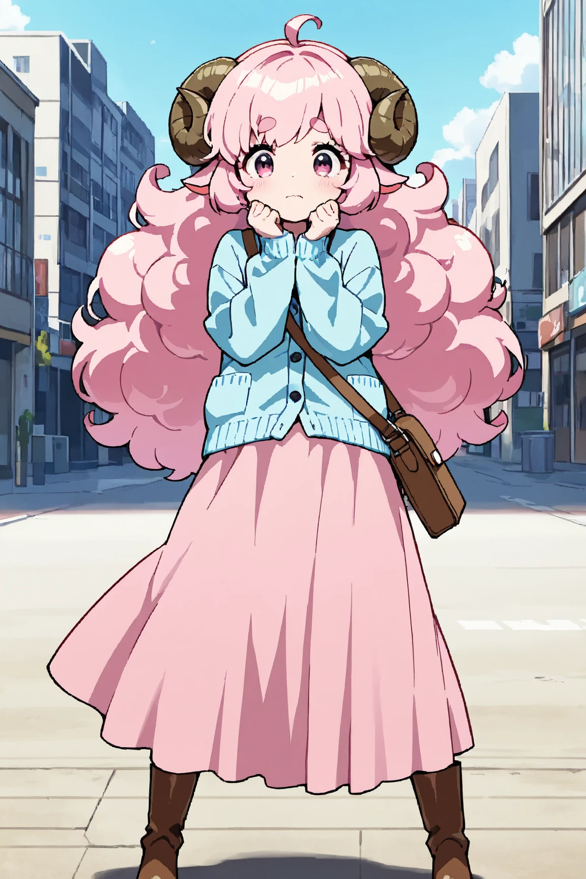 masterpiece, best quality, amazing quality, very aesthetic, high resolution, ultra-detailed, absurdres, newest, Anime screencap, highly detailed, high quality, Intricate:1.4, BREAK, (1girl, ひつじちゃん,  fluffy hair\long\pink, thick eyebrows:1.1, round sheep horns), BREAK, (pink long dress, sky blue cardigan, brown boots, brown shoulder bag), city