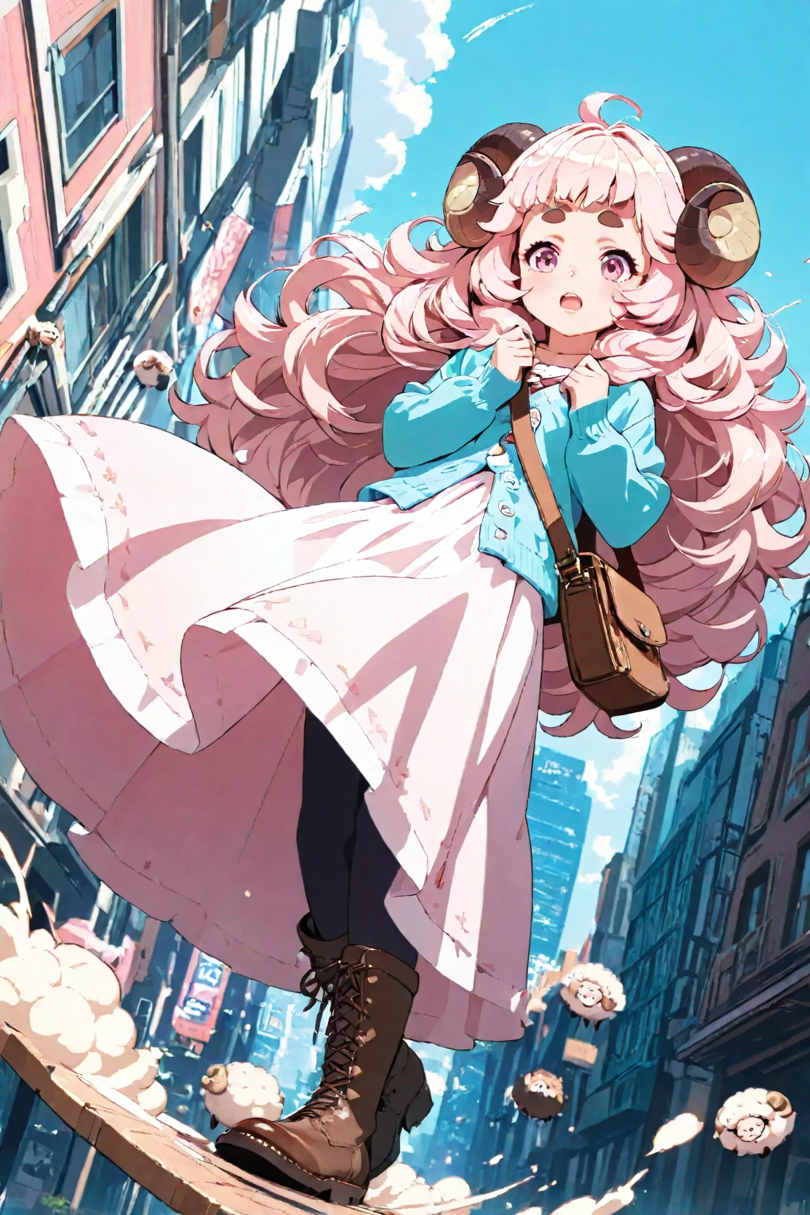 masterpiece, best quality, amazing quality, very aesthetic, high resolution, ultra-detailed, absurdres, newest, Anime screencap, highly detailed, high quality, Intricate:1.4, BREAK, (1girl, ひつじちゃん,  fluffy hair\long\pink, thick eyebrows:1.1, round sheep horns), BREAK, (pink long dress, sky blue cardigan, brown boots, brown shoulder bag), city