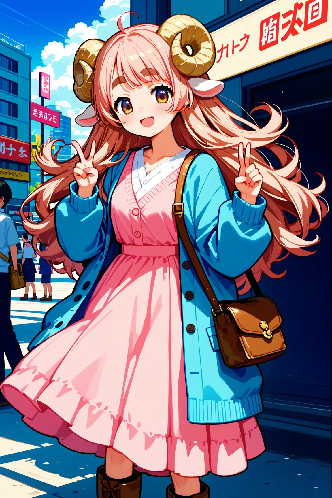 masterpiece, best quality, amazing quality, very aesthetic, high resolution, ultra-detailed, absurdres, newest, Anime screencap, highly detailed, high quality, Intricate:1.4, BREAK, (1girl, ひつじちゃん,  fluffy hair\long\pink, thick eyebrows:1.1, round sheep horns), BREAK, (pink long dress, sky blue cardigan, brown boots, brown shoulder bag), city