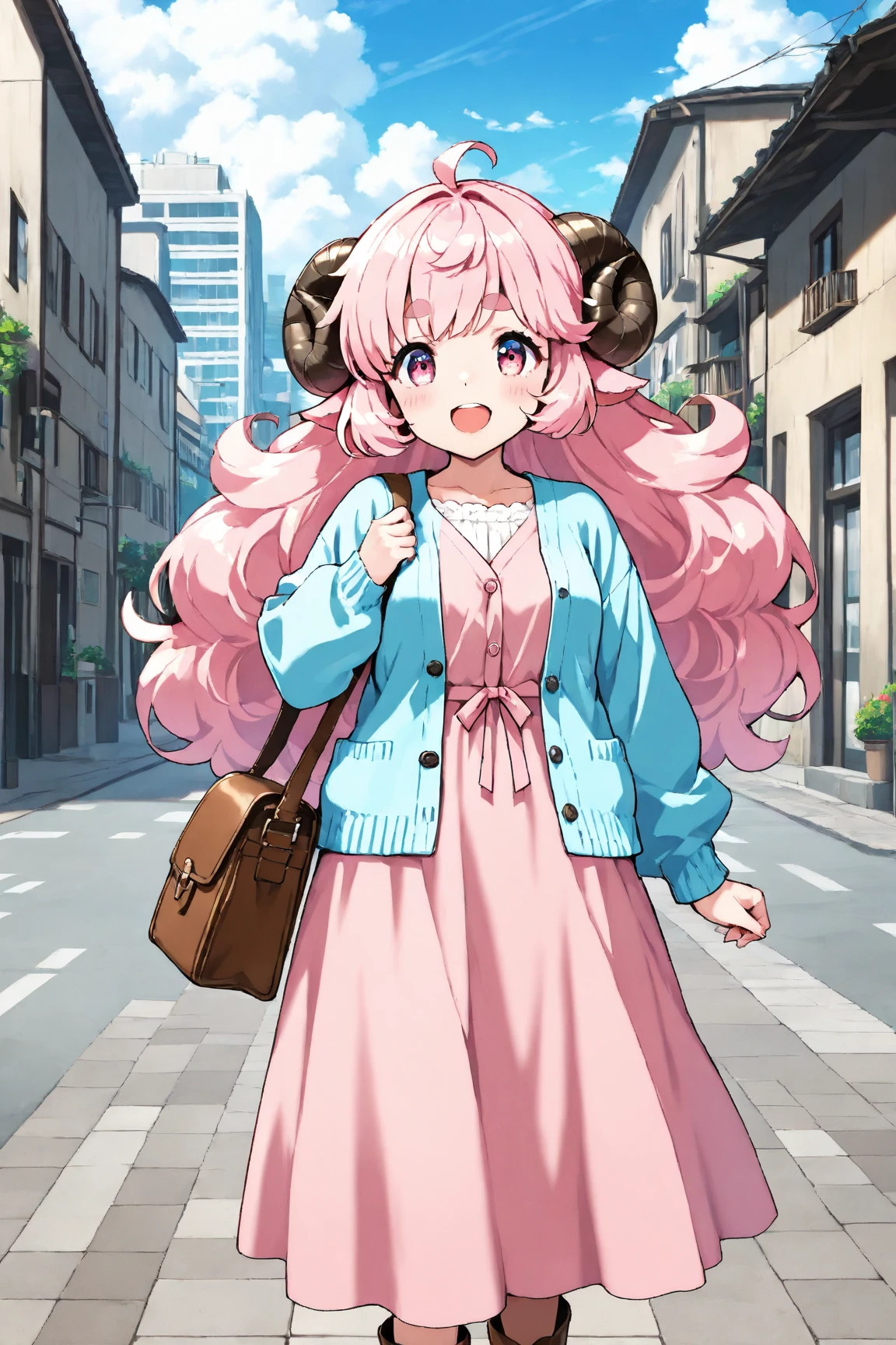 masterpiece, best quality, amazing quality, very aesthetic, high resolution, ultra-detailed, absurdres, newest, Anime screencap, highly detailed, high quality, Intricate:1.4, BREAK, (1girl, ひつじちゃん,  fluffy hair\long\pink, thick eyebrows:1.1, round sheep horns), BREAK, (pink long dress, sky blue cardigan, brown boots, brown shoulder bag), city
