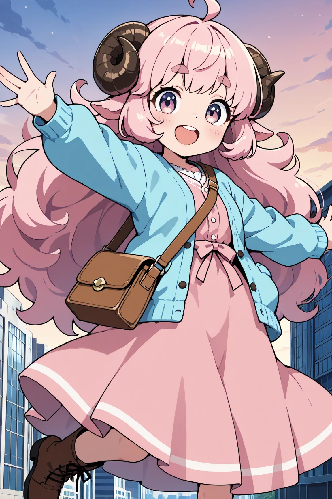 masterpiece, best quality, amazing quality, very aesthetic, high resolution, ultra-detailed, absurdres, newest, Anime screencap, highly detailed, high quality, Intricate:1.4, BREAK, (1girl, ひつじちゃん,  fluffy hair\long\pink, thick eyebrows:1.1, round sheep horns), BREAK, (pink long dress, sky blue cardigan, brown boots, brown shoulder bag), city