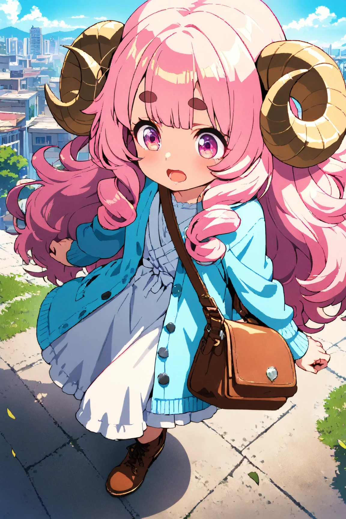 masterpiece, best quality, amazing quality, very aesthetic, high resolution, ultra-detailed, absurdres, newest, Anime screencap, highly detailed, high quality, Intricate:1.4, BREAK, (1girl, ひつじちゃん,  fluffy hair\long\pink, thick eyebrows:1.1, round sheep horns), BREAK, (pink long dress, sky blue cardigan, brown boots, brown shoulder bag), city