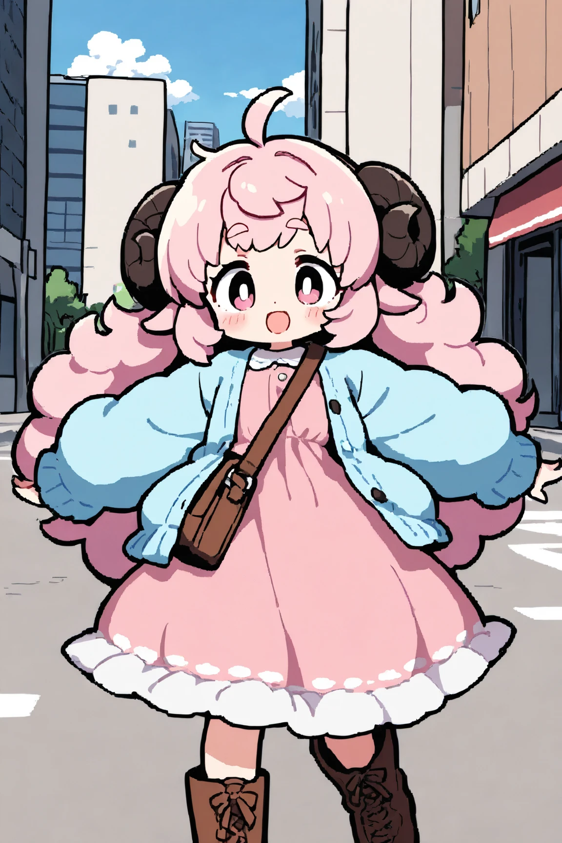 masterpiece, best quality, amazing quality, very aesthetic, high resolution, ultra-detailed, absurdres, newest, Anime screencap, highly detailed, high quality, Intricate:1.4, BREAK, (1girl, ひつじちゃん,  fluffy hair\long\pink, thick eyebrows:1.1, round sheep horns), BREAK, (pink long dress, sky blue cardigan, brown boots, brown shoulder bag), city