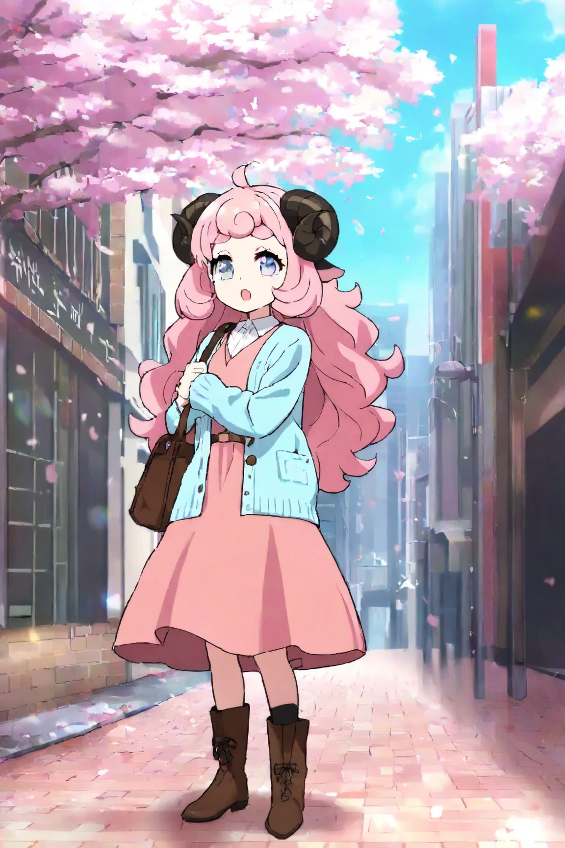 masterpiece, best quality, amazing quality, very aesthetic, high resolution, ultra-detailed, absurdres, newest, Anime screencap, highly detailed, high quality, Intricate:1.4, BREAK, (1girl, ひつじちゃん,  fluffy hair\long\pink, thick eyebrows:1.1, round sheep horns), BREAK, (pink long dress, sky blue cardigan, brown boots, brown shoulder bag), city