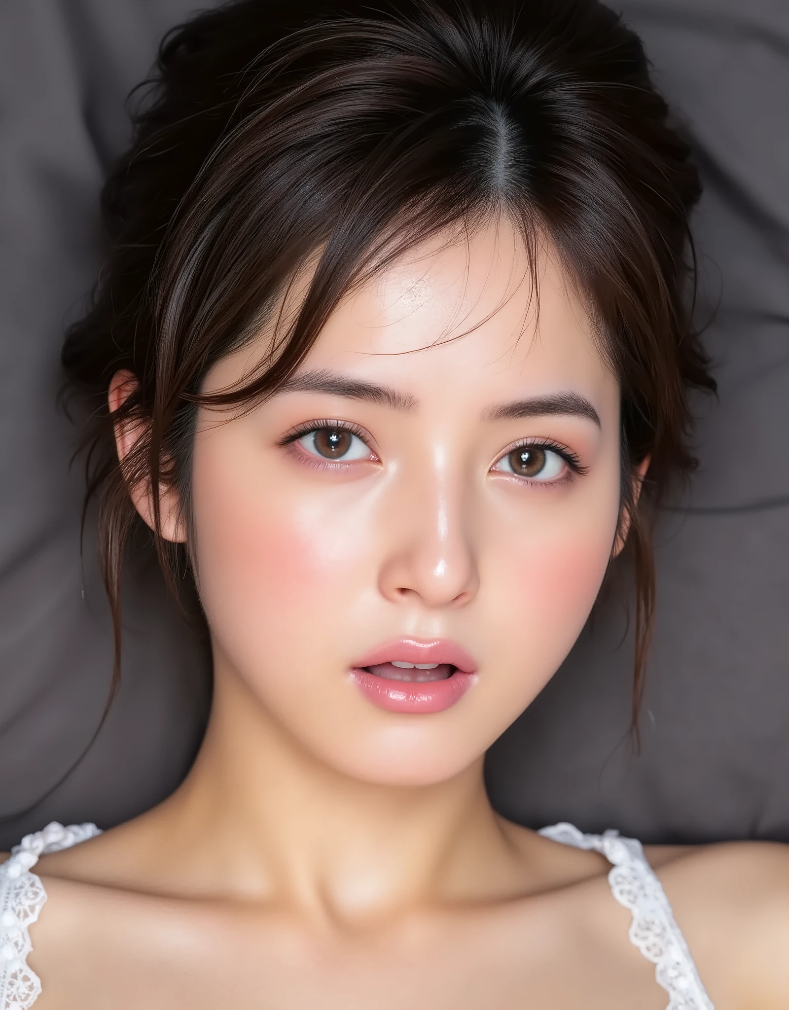 NSFW, (Highest quality), (Ultra-precise CG 16K wallpaper), (Realistic), (High saturation), (Sharp), Beautiful detailed shading, Beautiful natural lighting, Beautiful detailed glow, (Late afternoon sunlight), Natural light, Depth of field, (Mature 24 year old woman, One person), (Very beautiful Japanese face), (Sasaki Nozomi), (Side swept soft wavy medium cut hair with bangs), (Shiny black hair), (Sparkling eyes), (C cup size breasts, cleavage), (Beautiful breasts), (Beautiful legs), (Beautiful skin), Beautiful proportions, (Orgasm face: 1.5), (Woman screaming with eyes closed), (Wearing white lace bikini lingerie bra), (Wearing lace choker), (Lying on back pose), (Bed and cushion with dark gray sheets), (Full screen image), (upper body angle of a woman), (bird's-eye view of a woman), (a woman lying on her back on the bed, crying out in pleasure),
