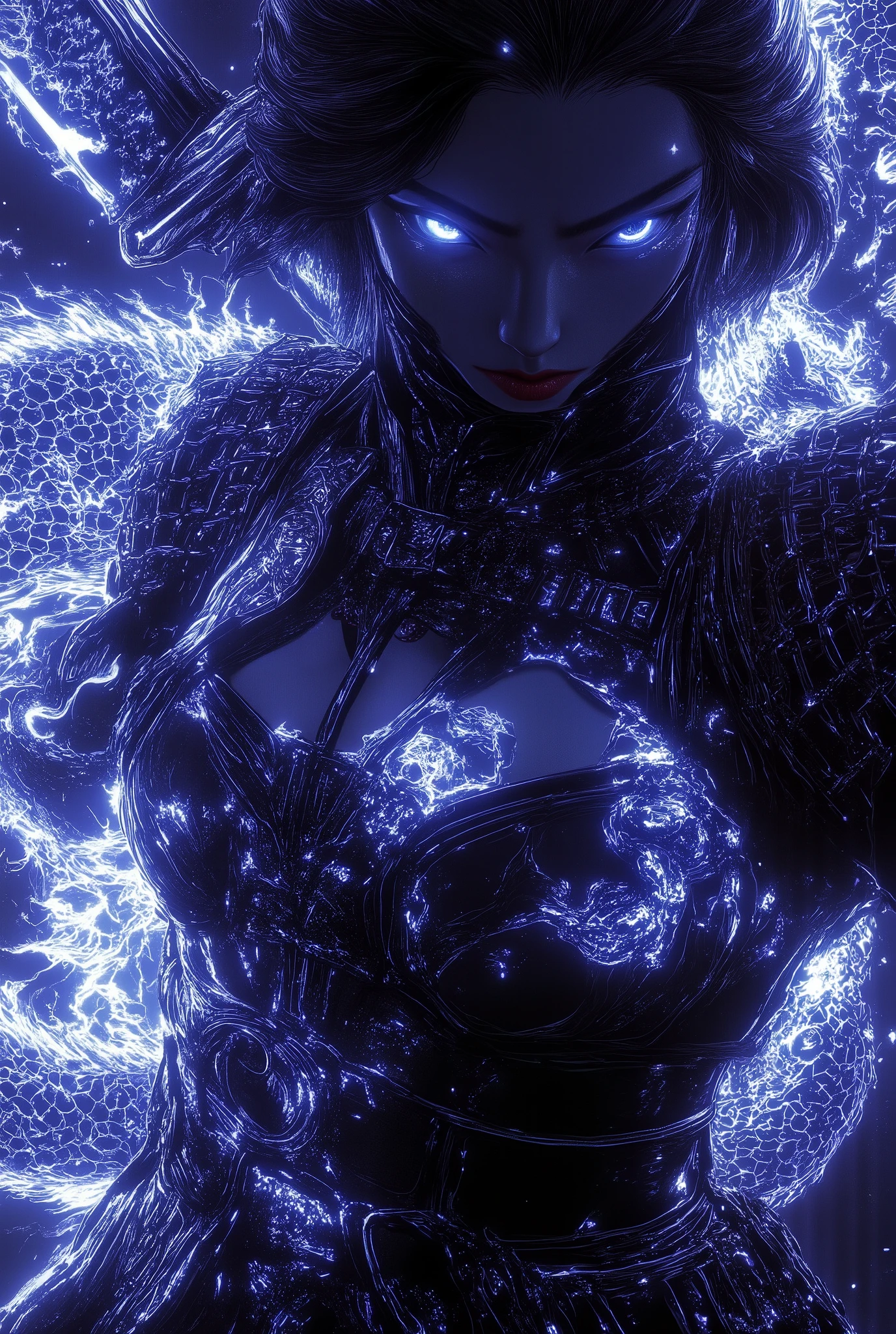1girl ,megalodon art as a background ,Final Fantasy-like worldview, Tetsuya Nomura-like illustrations, HD , colorful art  ,  3D spray painting  ,Japanese anime style fantasy illustration. Cyberpunk  military uniform. Female cyberpunk style sodian.cross in the eyes,An enchanting pale yellow aura glows around her. Magic sword glowing pale blue. Dragon rune emblem. Adorable Japanese assassin. Full cut hair. Dynamic sword swing. Acrobatic pose. Highly dynamic angle shot. Dynamic action blur. Depth of field. Powerful and piercing gaze. Light and shadow effect. Lens flare glow. 4K, Full HD resolution,