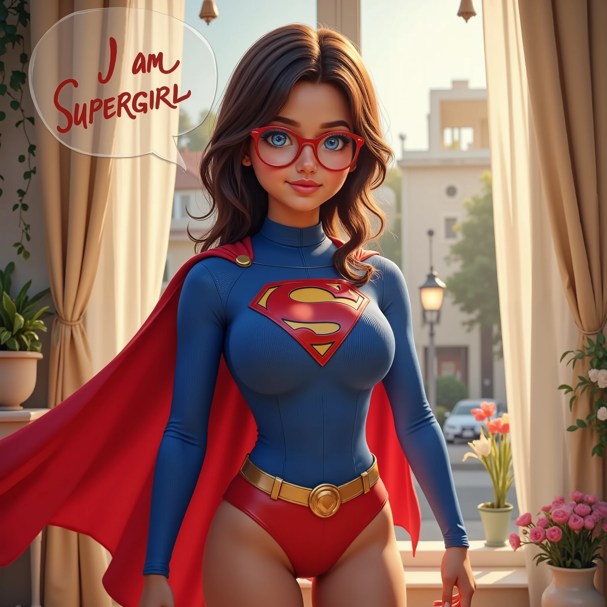 Depict a 17-year-old Latina girl with dark chocolate skin, radiating joy and confidence as she embodies SUPERGIRL. She stands gracefully, hands on her hips, in a classic SUPERGirl pose. She wears a pristine BLUE long-sleeved turtleneck leotard, modified with a large central "S" EBMLEM. The leotard should hug her figure, emphasizing her youthful curves. Complete the look with RED flared boots, a flowing red cape attached at the shoulders, and a red waist belt featuring a gold circular buckle. Bright red glasses frame her face, but they don't overshadow the captivating sparkle of her bright, sexy blue eyes. Her eyes should reflect the vibrant colors of her costume, adding to her overall radiance. Strive for a balance of sexy and cute in her portrayal, capturing both her youthful energy and the inherent power of the character. Pay close attention to intricate details and textures, particularly in the fabric of her costume and the subtle nuances of her facial features. The final image should be in 4k high resolution, ensuring clarity and detail. Include a text bubble near her with the phrase "I AM SUPERGIRL." The overall impression should be one of a strong, confident, and vibrant young Latina woman embracing the iconic Power Girl persona. PEACEFULL MORNING BACKGROUND.