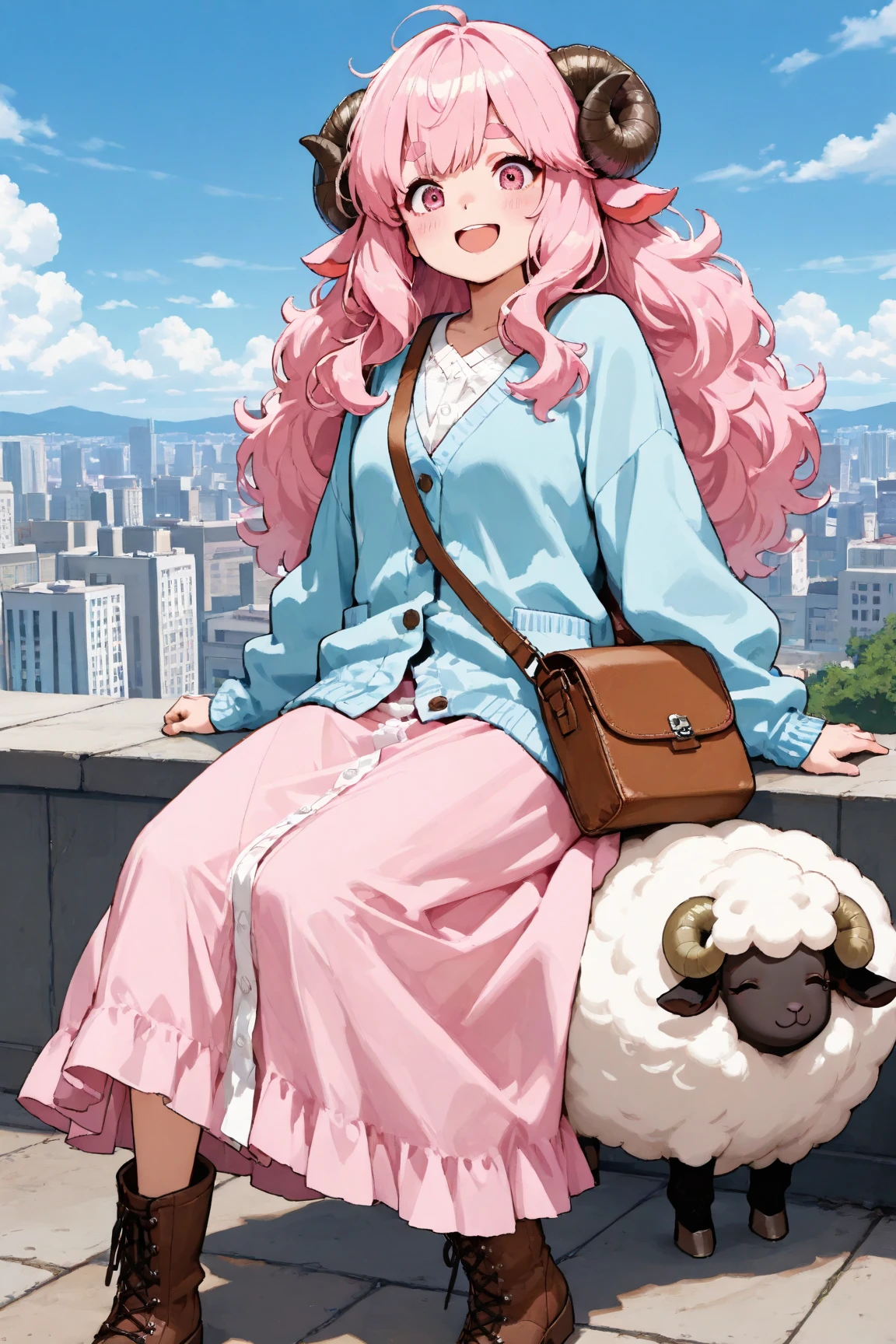masterpiece, best quality, amazing quality, very aesthetic, high resolution, ultra-detailed, absurdres, newest, Anime screencap, highly detailed, high quality, Intricate:1.4, BREAK, (1girl, ひつじちゃん,  fluffy hair\long\pink, thick eyebrows:1.1, round sheep horns), BREAK, (pink long dress, sky blue cardigan, brown boots, brown shoulder bag), city