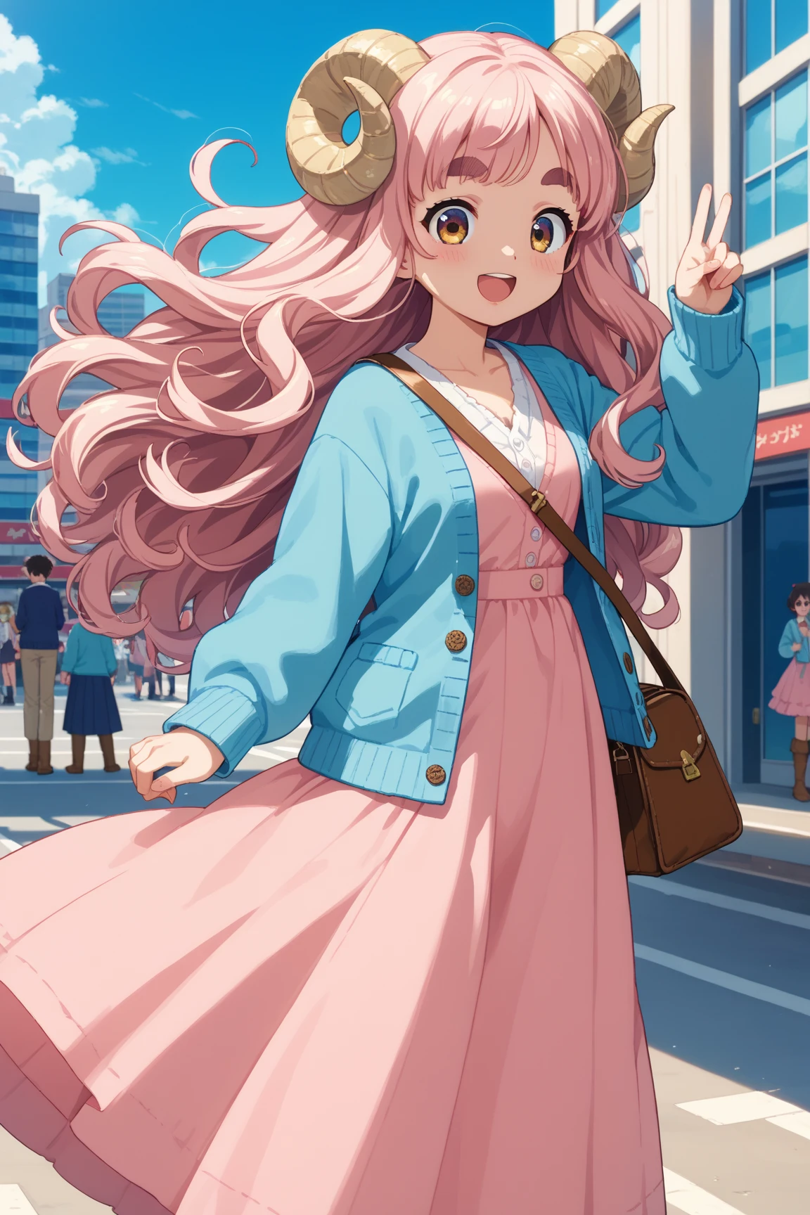 masterpiece, best quality, amazing quality, very aesthetic, high resolution, ultra-detailed, absurdres, newest, Anime screencap, highly detailed, high quality, Intricate:1.4, BREAK, (1girl, ひつじちゃん,  fluffy hair\long\pink, thick eyebrows:1.1, round sheep horns), BREAK, (pink long dress, sky blue cardigan, brown boots, brown shoulder bag), city