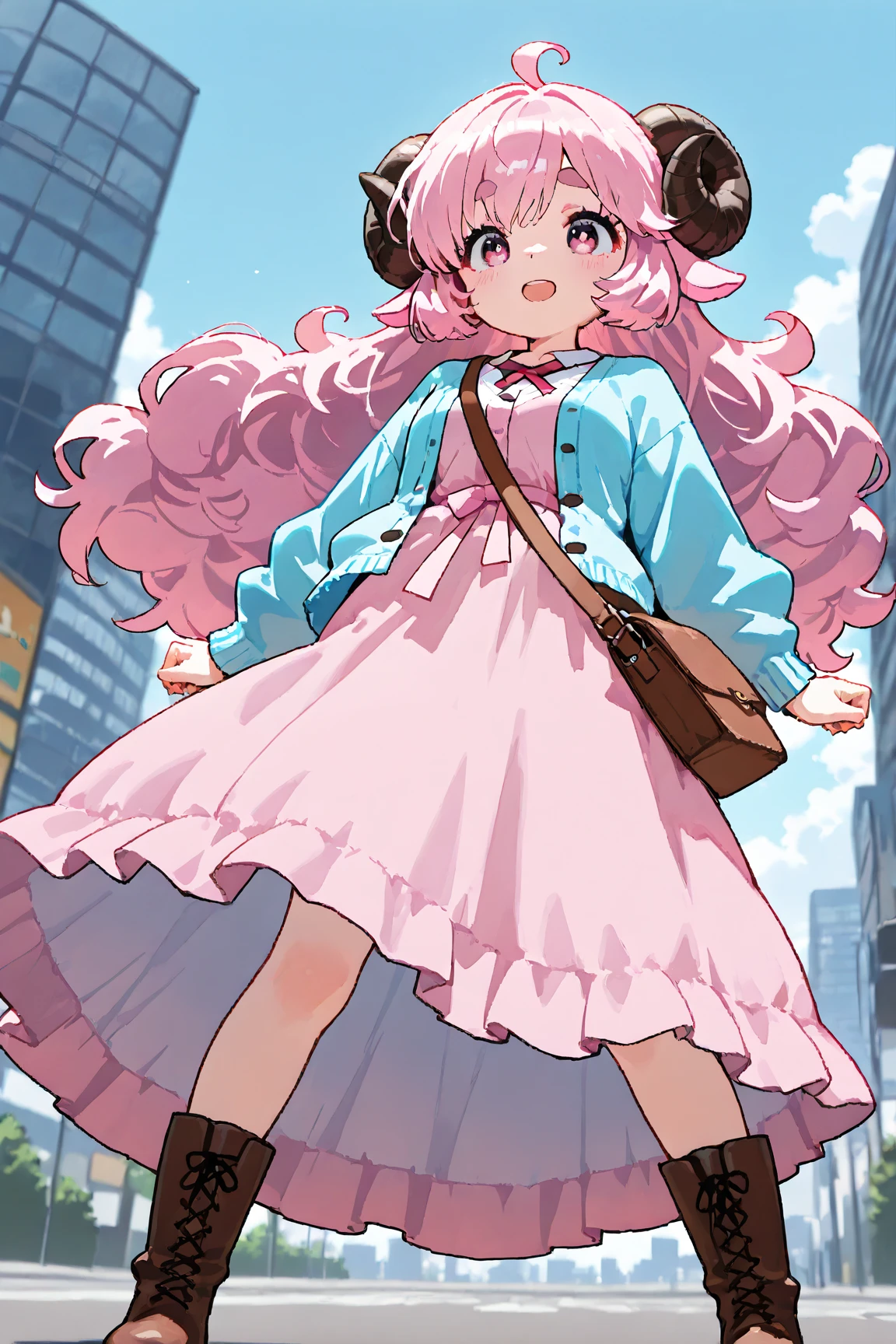 masterpiece, best quality, amazing quality, very aesthetic, high resolution, ultra-detailed, absurdres, newest, Anime screencap, highly detailed, high quality, Intricate:1.4, BREAK, (1girl, ひつじちゃん,  fluffy hair\long\pink, thick eyebrows:1.1, round sheep horns), BREAK, (pink long dress, sky blue cardigan, brown boots, brown shoulder bag), city