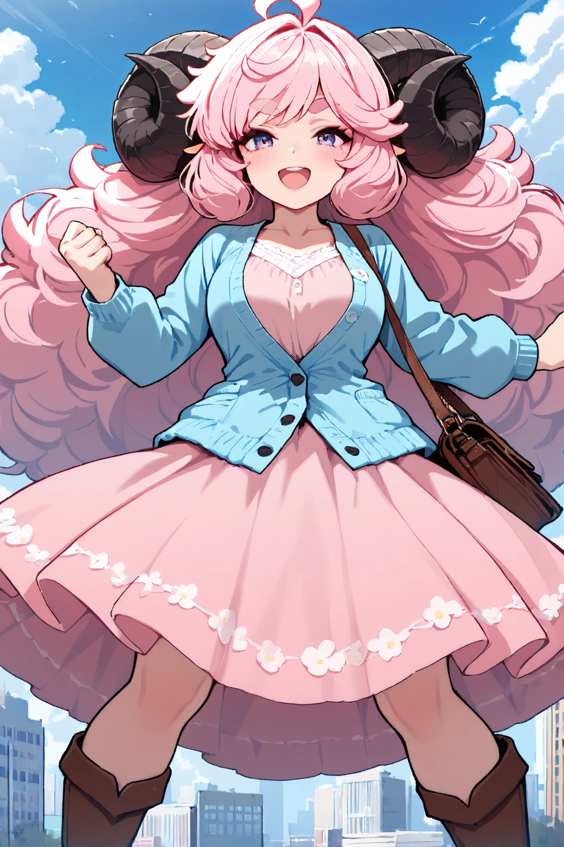 masterpiece, best quality, amazing quality, very aesthetic, high resolution, ultra-detailed, absurdres, newest, Anime screencap, highly detailed, high quality, Intricate:1.4, BREAK, (1girl, ひつじちゃん,  fluffy hair\long\pink, thick eyebrows:1.1, round sheep horns), BREAK, (pink long dress, sky blue cardigan, brown boots, brown shoulder bag), city