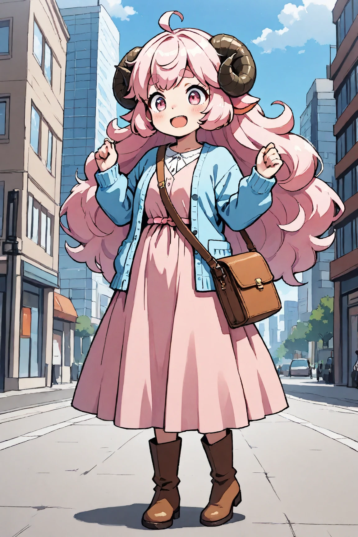 masterpiece, best quality, amazing quality, very aesthetic, high resolution, ultra-detailed, absurdres, newest, Anime screencap, highly detailed, high quality, Intricate:1.4, BREAK, (1girl, ひつじちゃん,  fluffy hair\long\pink, thick eyebrows:1.1, round sheep horns), BREAK, (pink long dress, sky blue cardigan, brown boots, brown shoulder bag), city