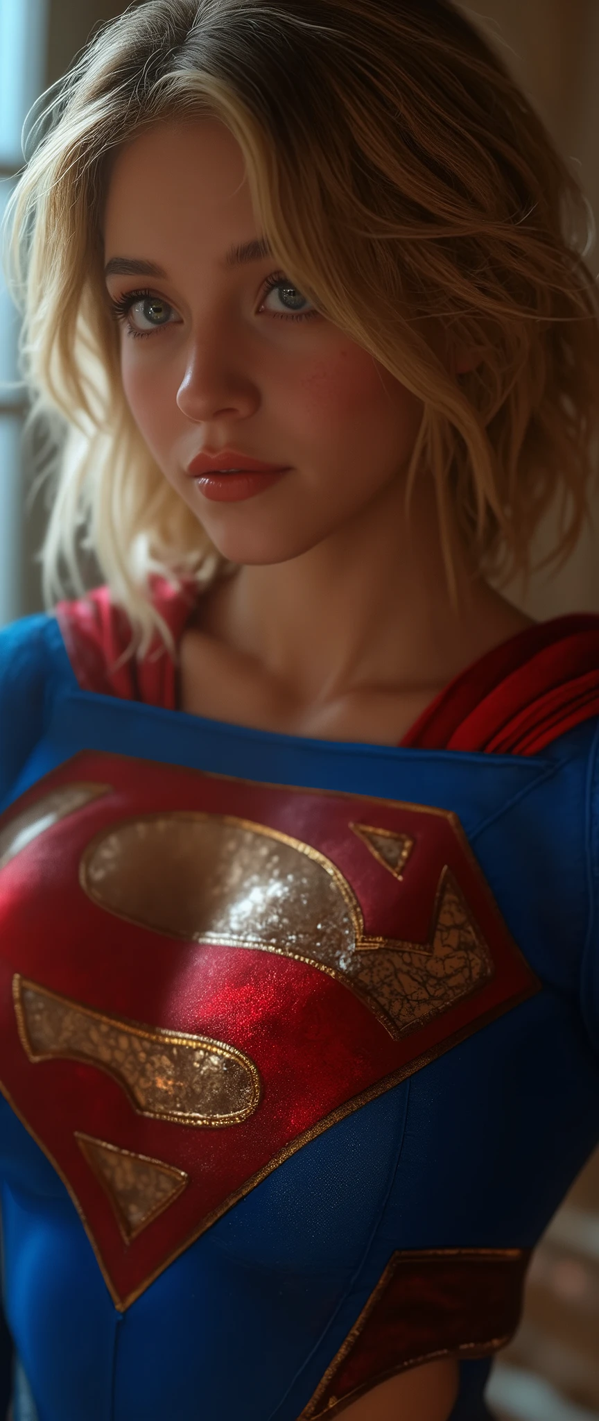 EROTIC , Wore a Super Girl cosplay costume(Sydney Sweeney), Big Breasts、deep cleavage、 sexy、nipples,