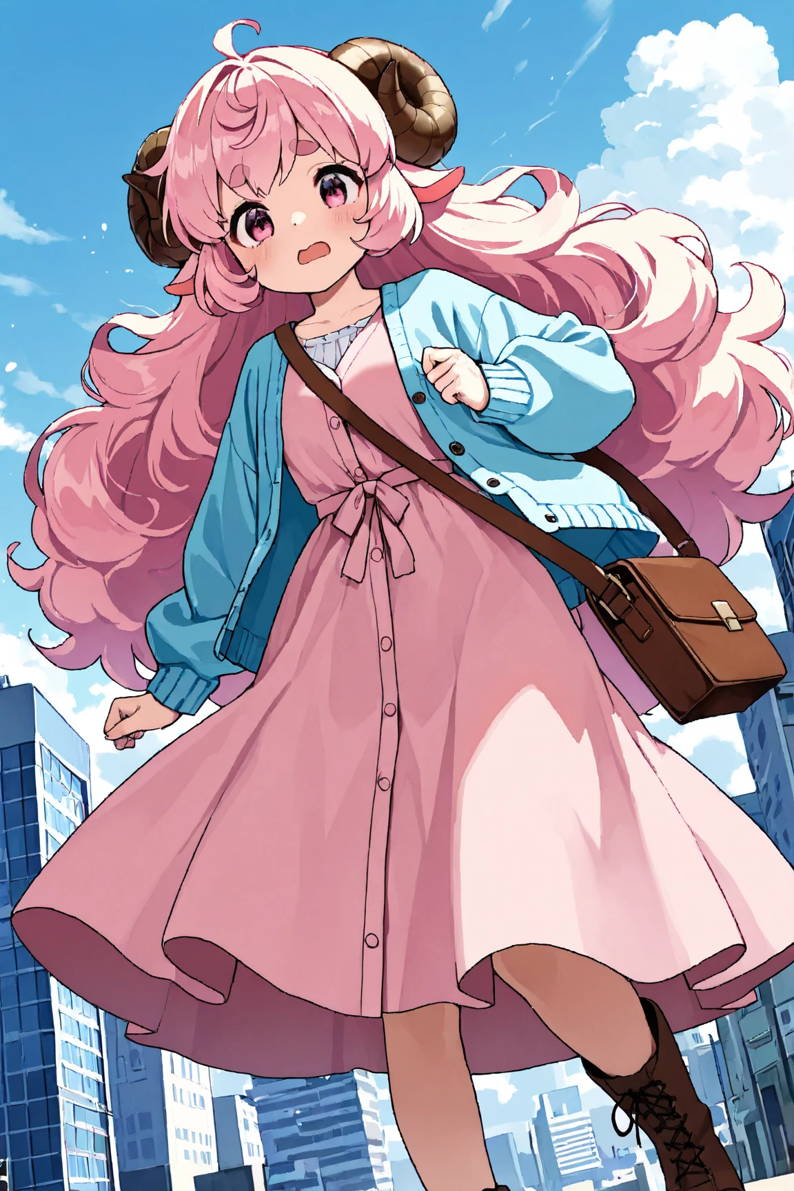 masterpiece, best quality, amazing quality, very aesthetic, high resolution, ultra-detailed, absurdres, newest, Anime screencap, highly detailed, high quality, Intricate:1.4, BREAK, (1girl, ひつじちゃん,  fluffy hair\long\pink, thick eyebrows:1.1, round sheep horns), BREAK, (pink long dress, sky blue cardigan, brown boots, brown shoulder bag), city