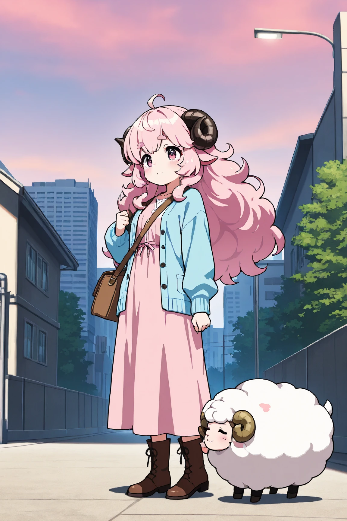 masterpiece, best quality, amazing quality, very aesthetic, high resolution, ultra-detailed, absurdres, newest, Anime screencap, highly detailed, high quality, Intricate:1.4, BREAK, (1girl, ひつじちゃん,  fluffy hair\long\pink, thick eyebrows:1.1, round sheep horns), BREAK, (pink long dress, sky blue cardigan, brown boots, brown shoulder bag), city