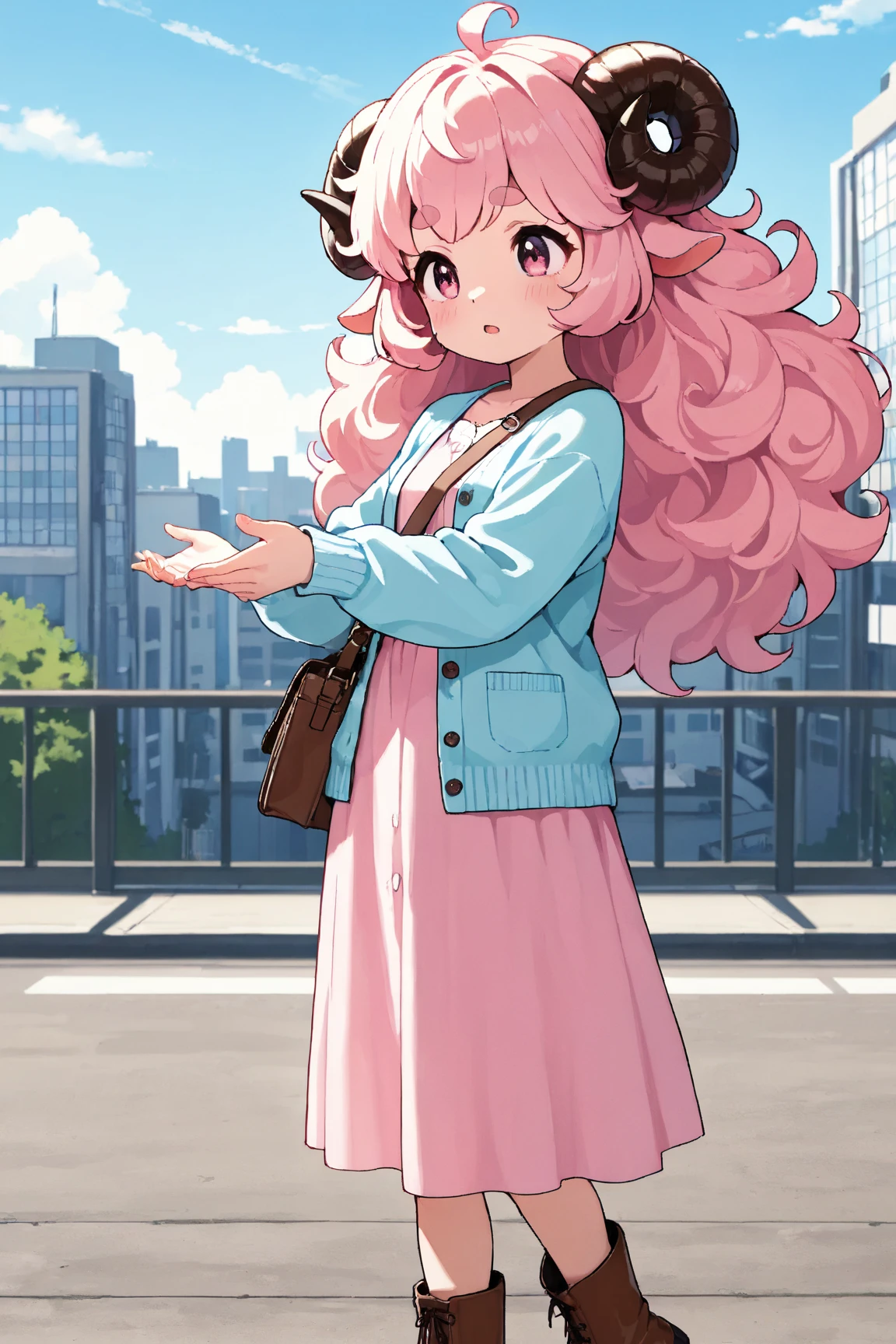 masterpiece, best quality, amazing quality, very aesthetic, high resolution, ultra-detailed, absurdres, newest, Anime screencap, highly detailed, high quality, Intricate:1.4, BREAK, (1girl, ひつじちゃん,  fluffy hair\long\pink, thick eyebrows:1.1, round sheep horns), BREAK, (pink long dress, sky blue cardigan, brown boots, brown shoulder bag), city